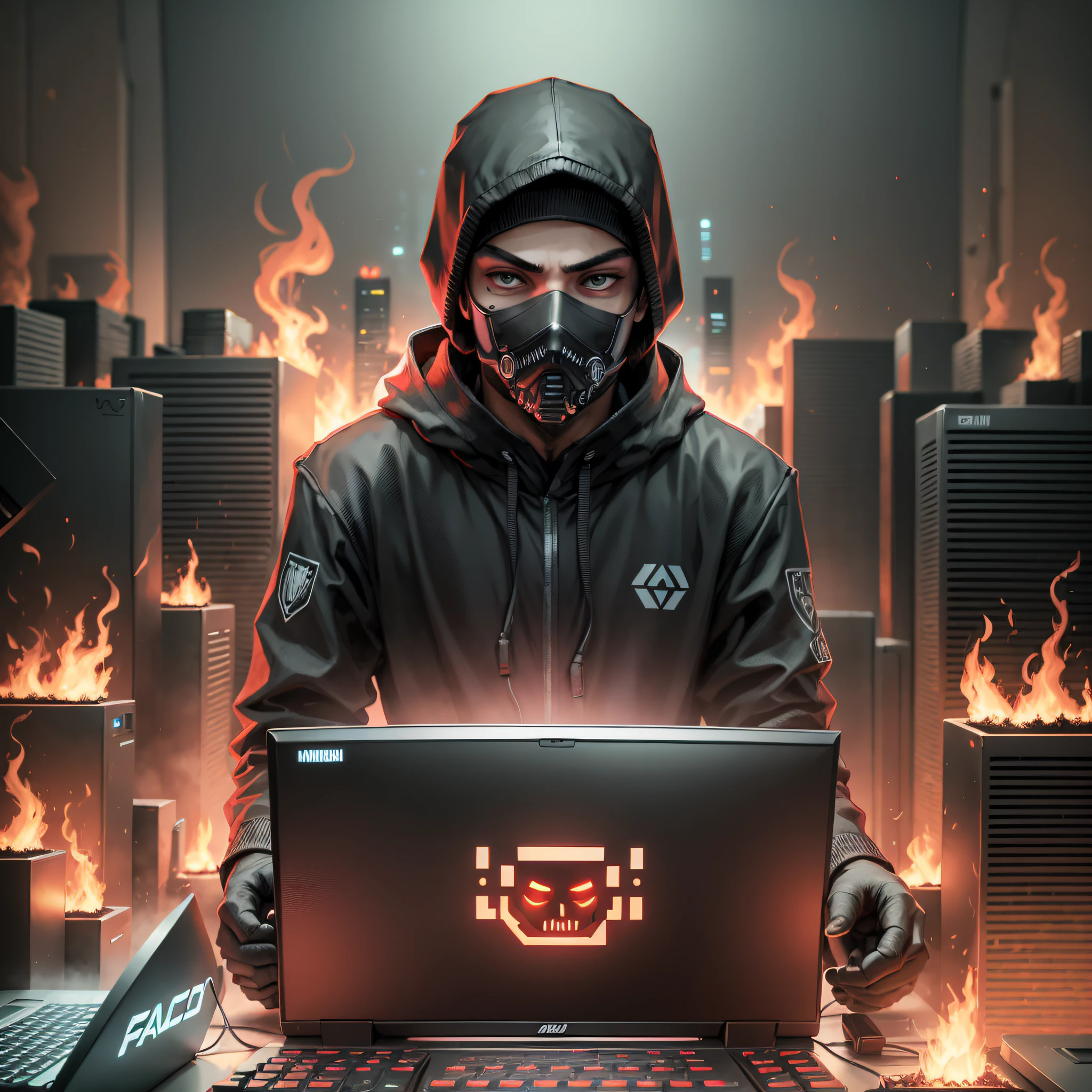 hacker face with a mask on his face dressed in black in the frenzy of the compudador and behind him a lighting of fire --auto --s2