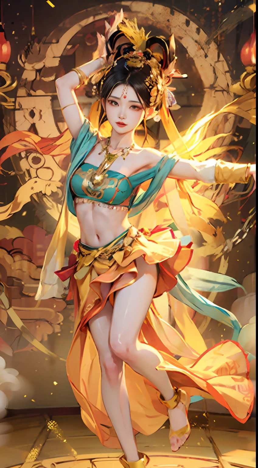 (8k, RAW photos, top quality, masterpieces: 1.2), (realistic, photorealistic: 1.4), (highly detailed CG unified 8k wallpapers), (1 slim girl: 1.5), (yellow skirt: 1.4), red dots on the forehead, pale skin, blush, detailed eyes, full body, thighs, open navel, gold waist chain, luxurious gold ornaments, flying ribbons, particles, background is mandala, ancient city walls, desert, dance, dunhuang_dress, dunhuang_style,