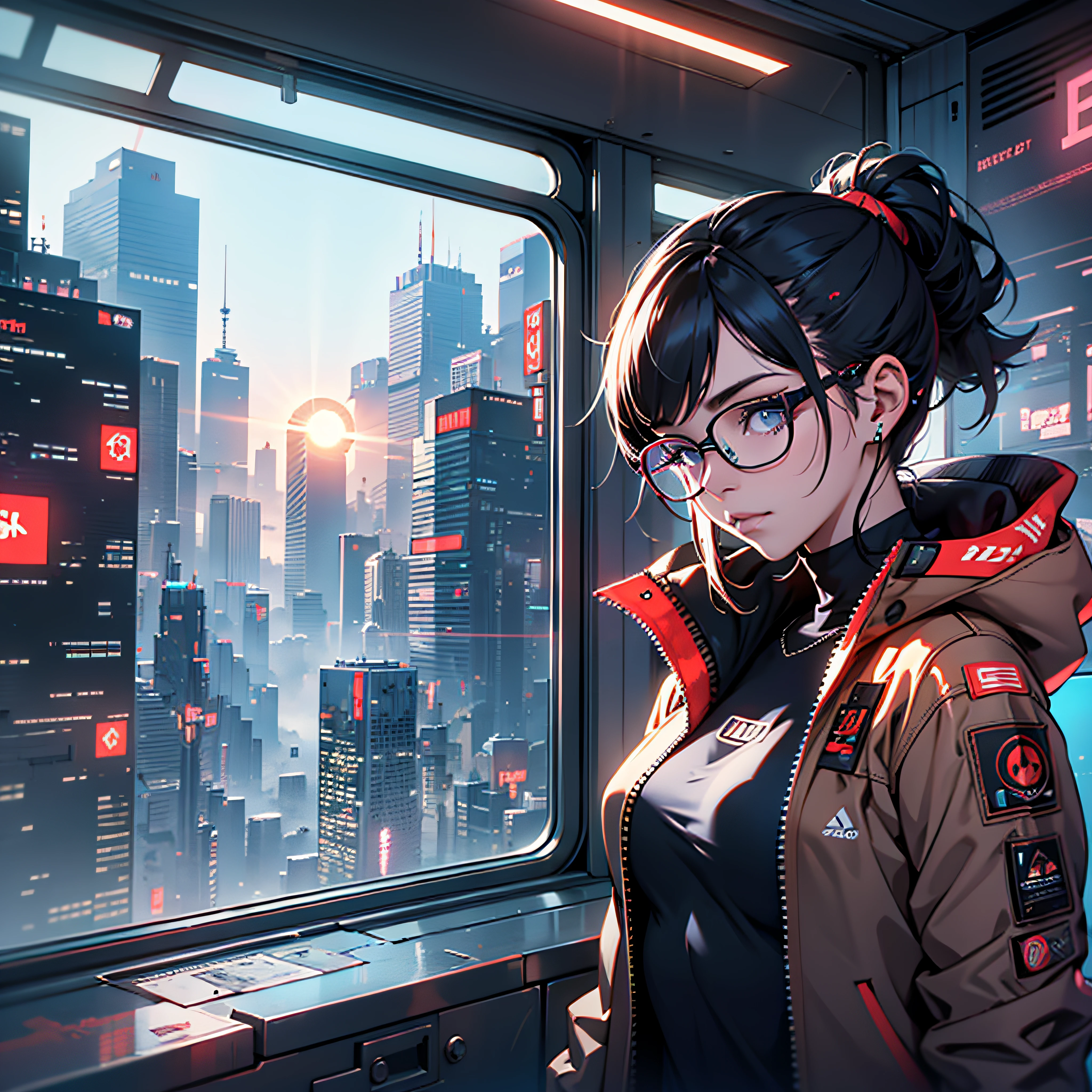 woman, cyberpunk, apartament, landscape, florest, sun rise, eyeglasses, 8k