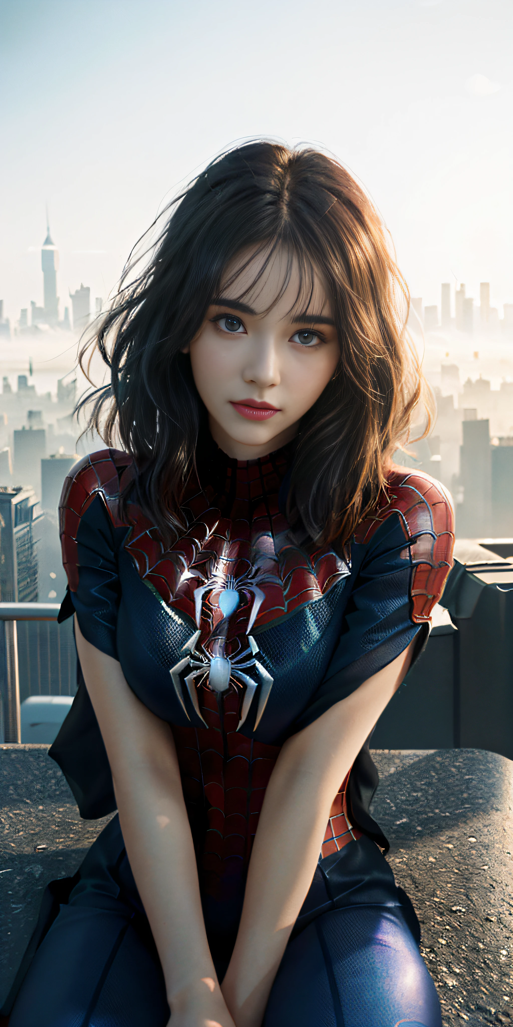 (1girl:1.3), solo, ((very detailed face)))), ((very detailed eyes and face))), beautiful detail eyes, body parts__, official art, unified 8k wallpaper, super detailed, beautiful and beautiful, beautiful, masterpiece, best quality, original, masterpiece, super fine photo, best quality, super high resolution, realistic realism, sunlight, full body portrait, amazing beauty, dynamic pose, delicate face, big breast, vibrant eyes, (from the front), she is wearing a Spider-Man suit, red and black color scheme, spider, very detailed city roof background, rooftop, overlooking the city, detailed face, detailed complex busy background, messy, gorgeous, milky white, highly detailed skin, realistic skin details, visible pores, clear focus, volumetric fog, 8k uhd, DSLR, high quality, film grain, fair skin, photo realism, lomography, futuristic dystopian giant metropolis, translucent