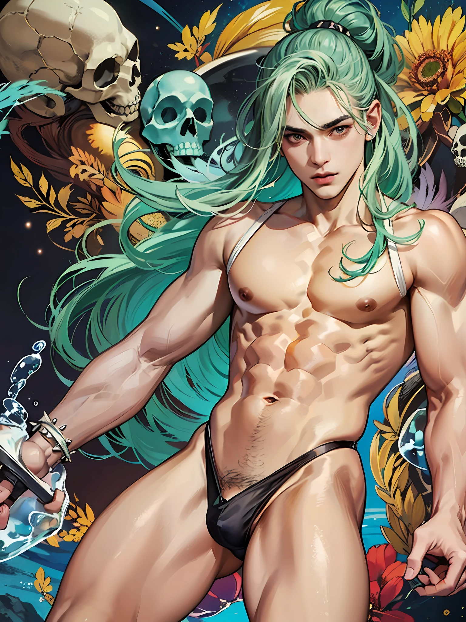 (masterpiece, best quality), man, wearing micro thong ((black micro-thong:skull_pattern_design_thong)) , bio-luminescent_water_world, wide angle, athletic body, male, shinny_skin, flat chest, silver eyes, green hair styled in spikes, determined expression, small waist, broad chest, big mane, muscular , illustration, watercolor ink sketch, ((extremely detailed, extremely detailed legs, extremely detailed arms, extremely detailed face, perfectly detailed eyes, perfectly detailed anatomy))