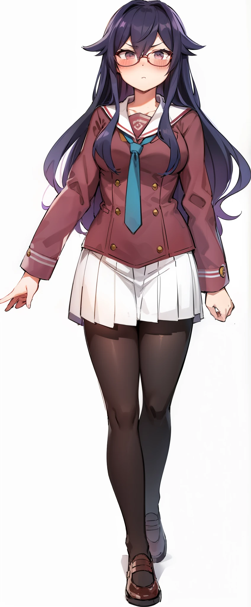 Seated, classroom, serious, glasses, sunset, very long purple hair, blush