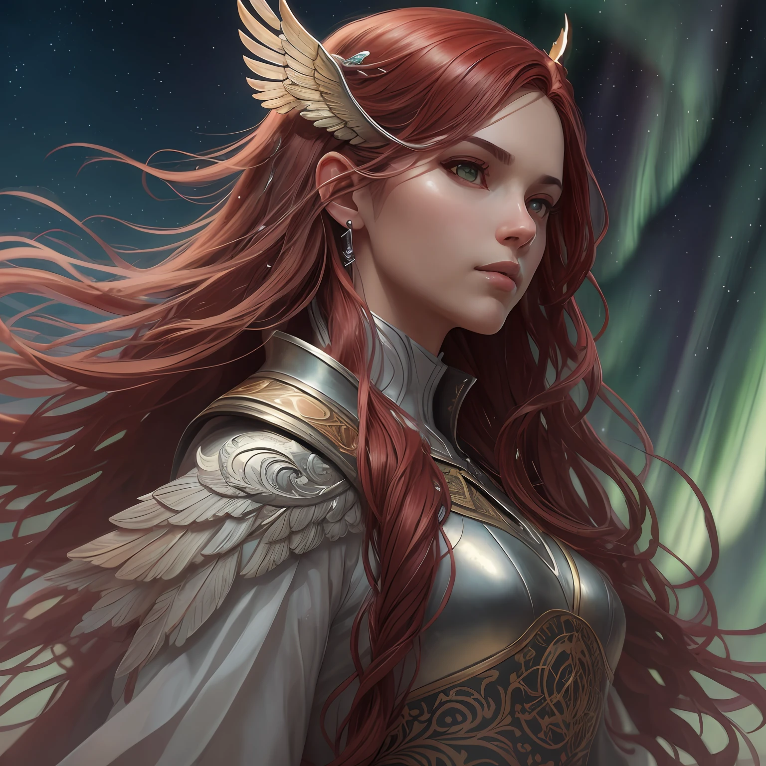 (atmosphere with light and a tree behind)+ 8k aurora portrait, girl with super long hair, super long very light red hair, in battle clothes, with giant silver wings on the back, intricate, highly detailed, digital painting, smooth, sharp focus, illustration, unreal engine 5, 8 k, art by Artgerm and Greg Rutkowski and Alphonse Mucha