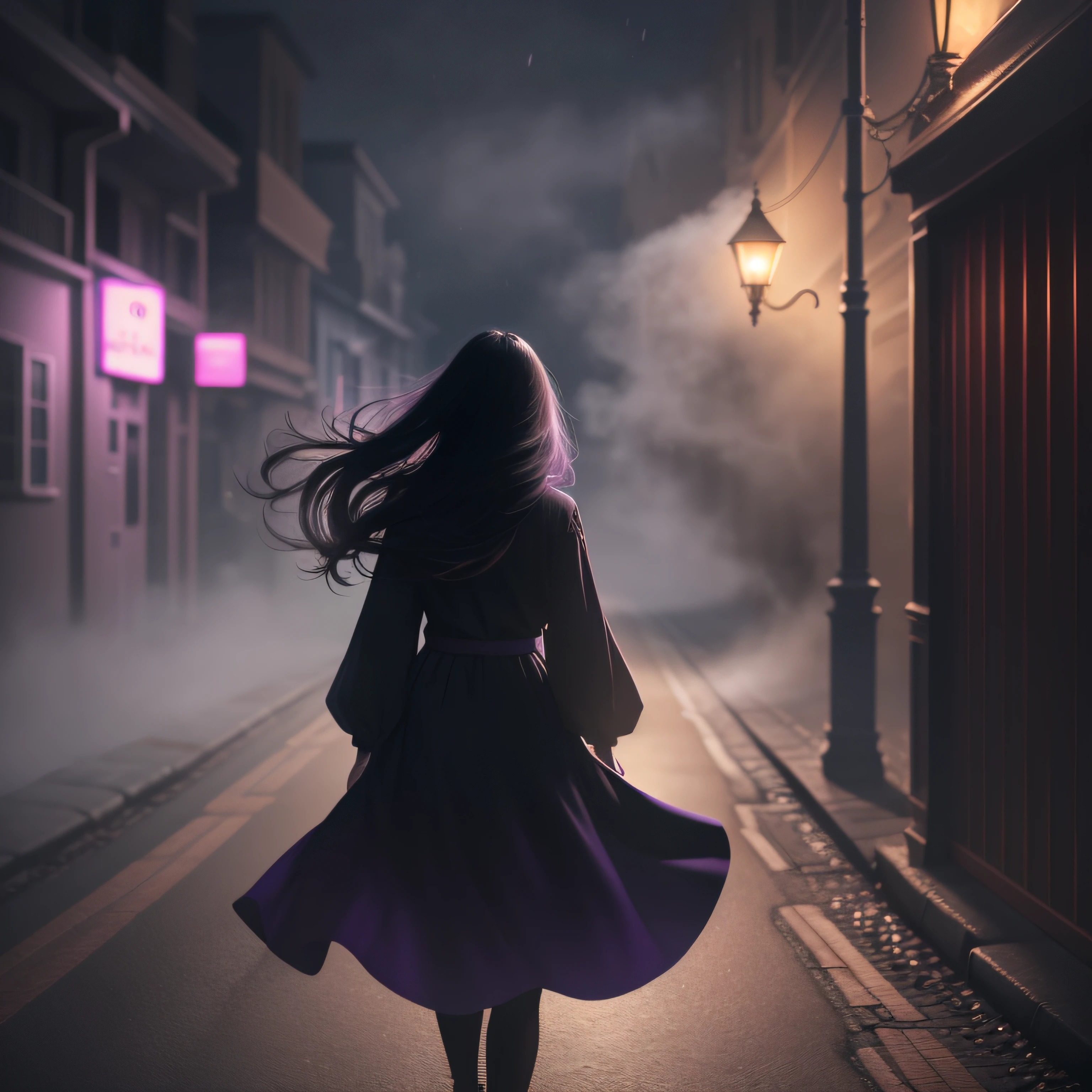 Woman walking head-on down a road at night, with fog and shadows, wavy and long black hair, detailed hand and fingers, high quality, ultra-detailed, 8k, masterpiece, (volumetric lighting), black magic, fanciful, lilac colors, purple, black and vivid shadows on the woman's return. --auto --s2
