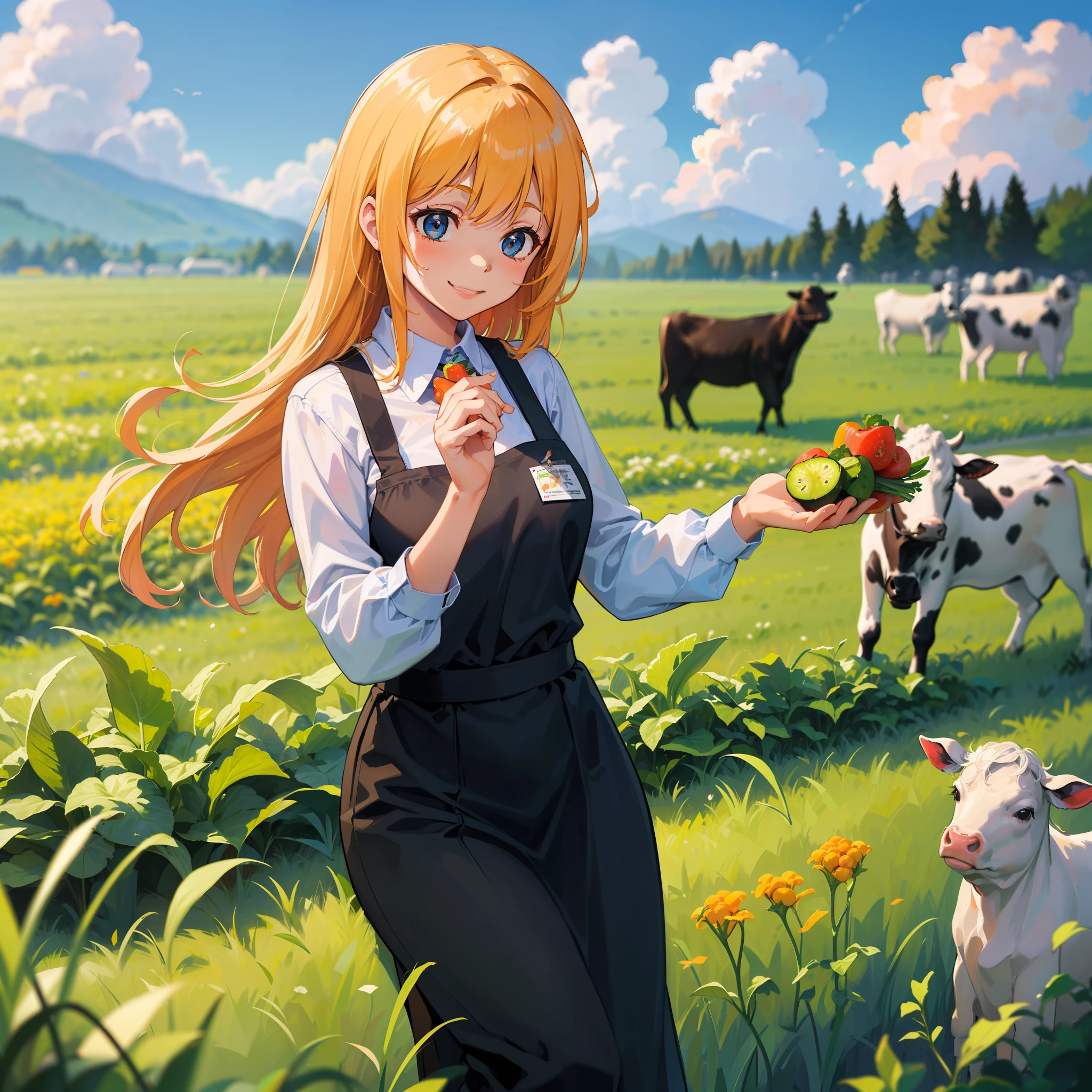 Sky, soaring vegetables, jumping vegetables, variety of vegetables, vegetables, jumping vegetables, variety of vegetables, smiling cute girl in work clothes with hands thrust up playing with dairy cows, girl holding vegetables in her hands, ((Dairy cows, vegetables and girls together in the field))