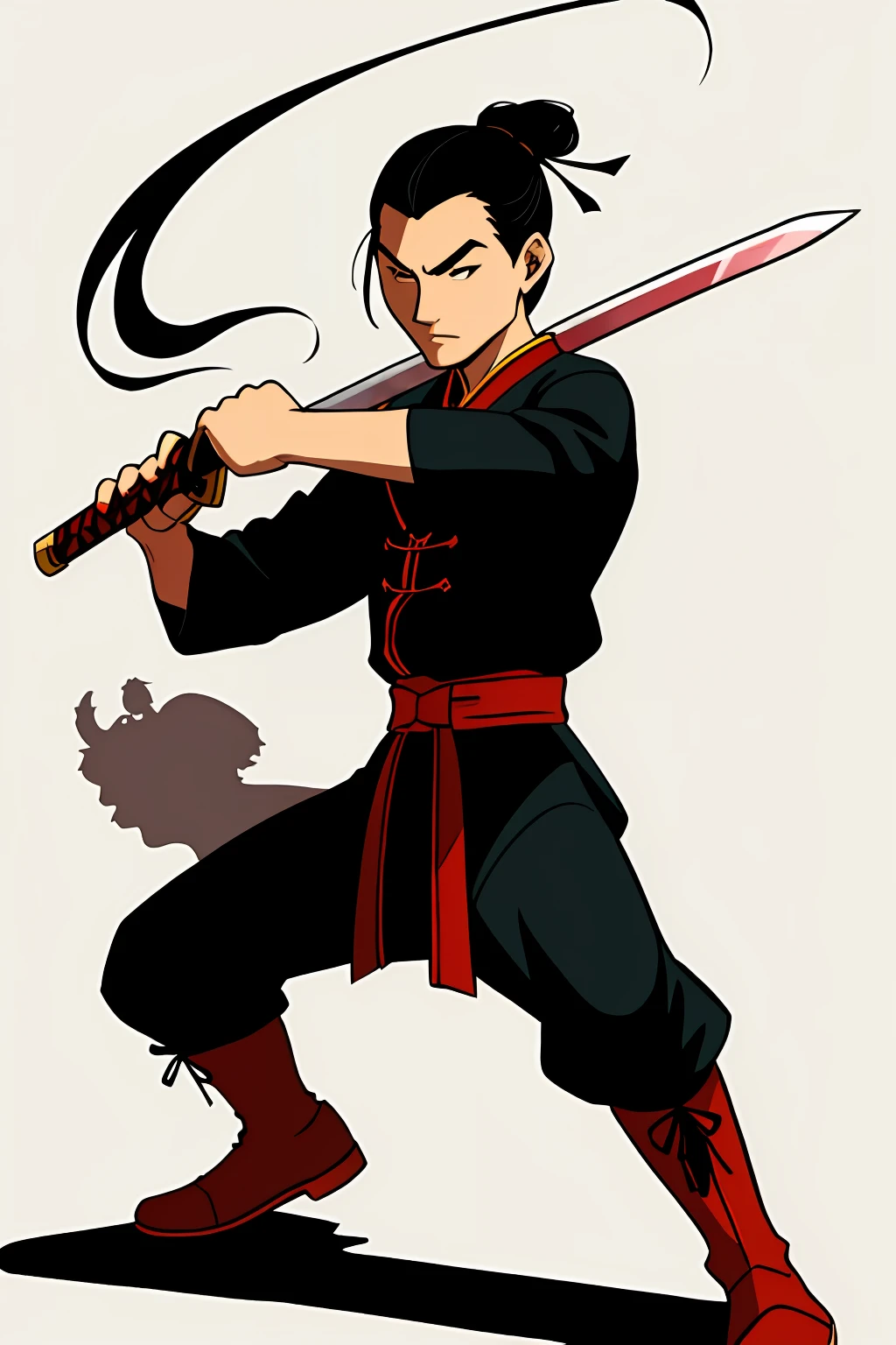 period costume, Shaolin, martial arts, man in black, jianghu, holding a sword, flat color, cartoon shadow, silhouette, vector art, front