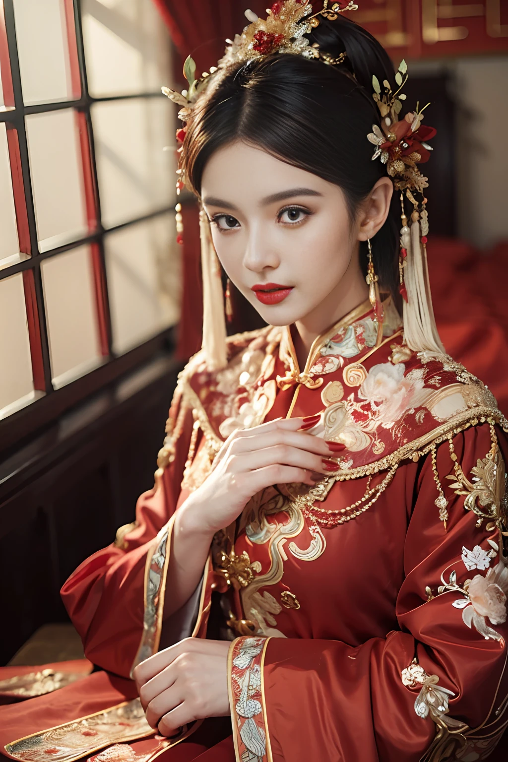 (ultra realistic 8k CG:1.2),perfect artwork,delicate pattern,intricate detail, (unparalleled masterpiece,best quality:1.2),(extremely intricate:1.2),a woman in a red and gold dress, Phoenix crown,hair stick,(sitting on red bed),Cosmetic,blush,shy,black_hair, looking down, Cosmetic,(forehead dot),(2 red candles), chinese_clothes, curtains, earrings, hair_ornament, hanfu, indoors, jewelry, red nails, long_sleeves, red dress, red lips, tassel, (Red quilt),(red palace:1.2),(ancient Chinese architecture),(red:1.8),night