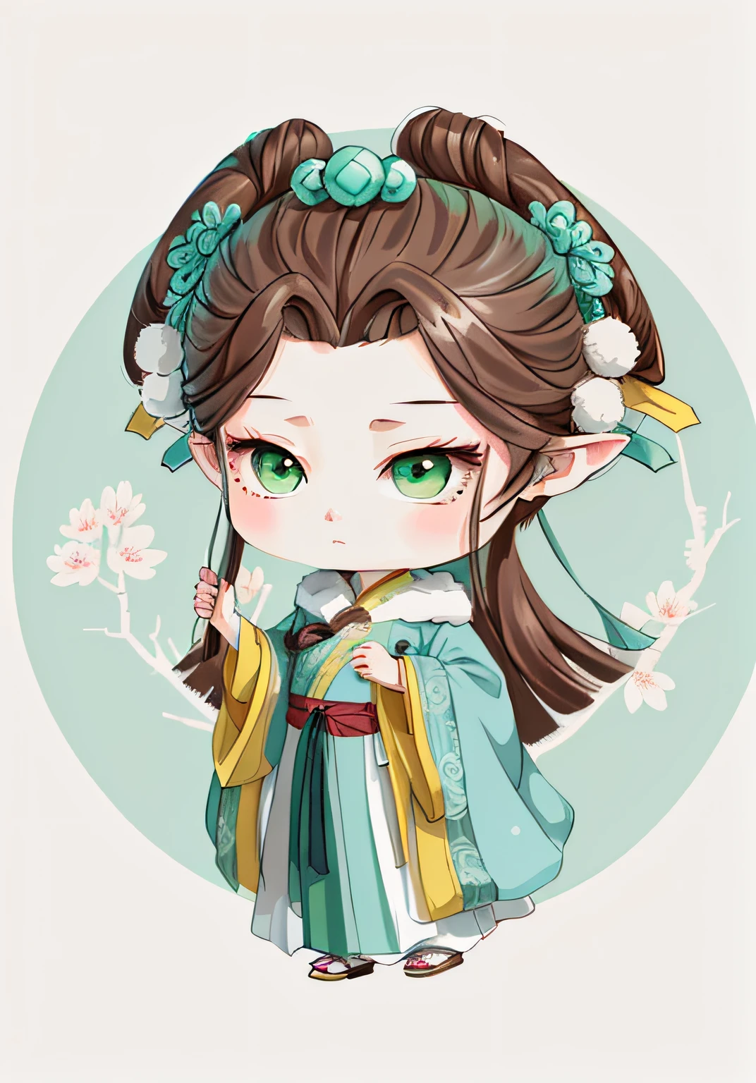 A Chinese girl in Hanfu, winter, brown hair, ancient Chinese hair bun, pattern, blue-green color scheme, hair balls on both sides, some plum blossom hair ornaments, line art, infinite details, fine painting, beautifully depicted, blank background 8k,