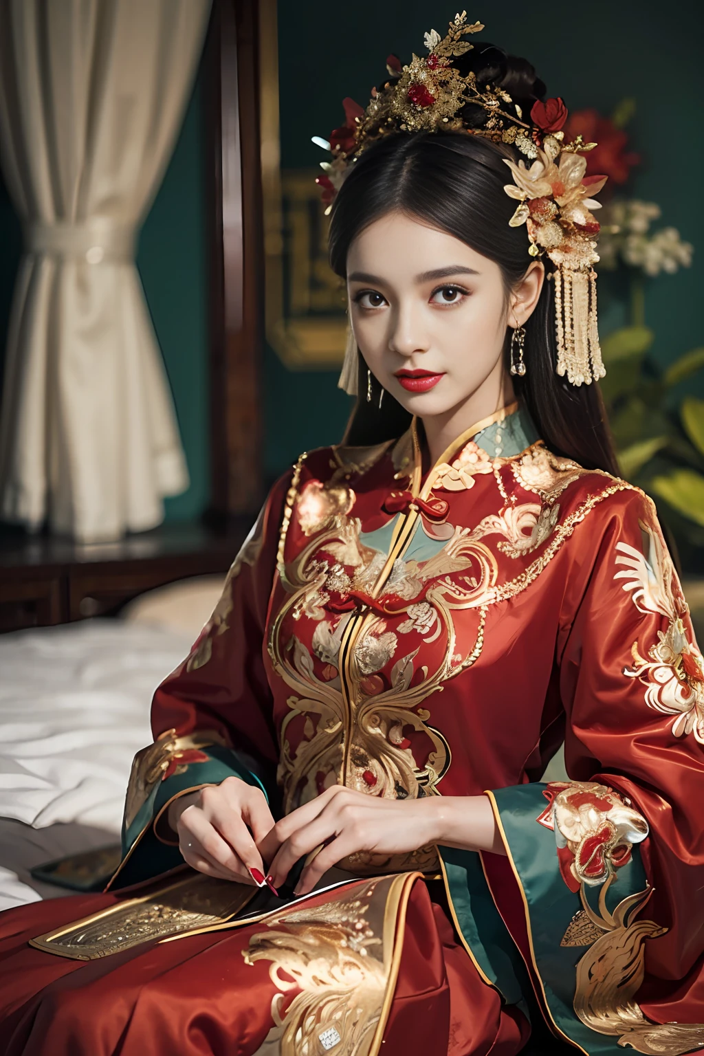 (ultra realistic 8k CG:1.2),perfect artwork,delicate pattern,intricate detail, (unparalleled masterpiece,best quality:1.2),(extremely intricate:1.2),a woman in a red and gold dress, Phoenix crown,hair stick,(sitting on red bed),Cosmetic,blush,shy,black_hair, looking down, Cosmetic,(forehead dot),(2 red candles), chinese_clothes, curtains, earrings, hair_ornament, hanfu, indoors, jewelry, red nails, long_sleeves, red dress, red lips, tassel, (Red quilt),(red palace:1.2),(ancient Chinese architecture),(red:1.8),night