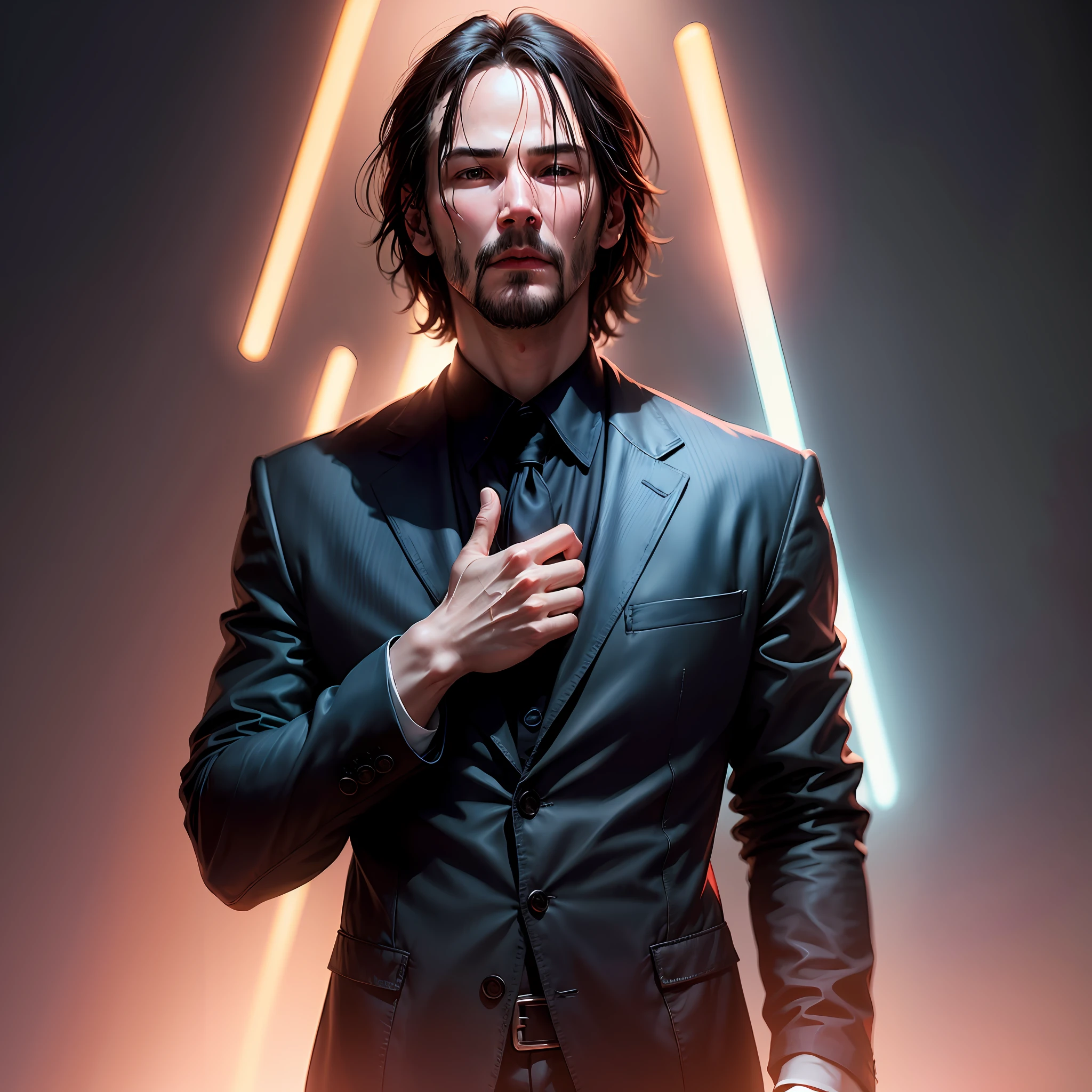 A man, young, handsome, Keanu Reeves, with index finger right on his lips, asking for silence, lighting, face photo, abstract background, led colored lights, oil painting, ultra quality, masterpiece, surreal. --auto