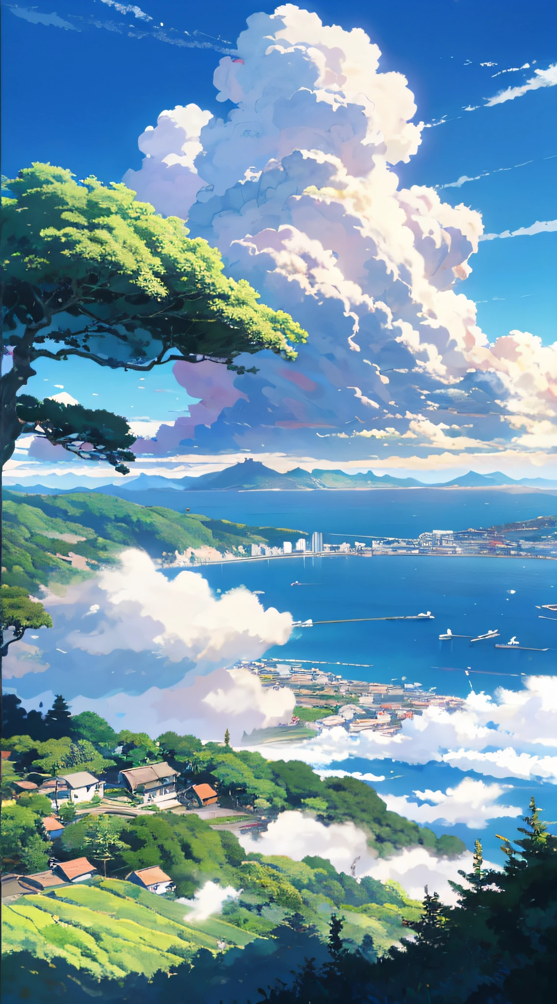 8K HD,View of the bay from the hillside,studio ghibli sky, Ghibli Studio Landscape, ghibli studio environment, studio ghibli sunlight, detailed scenery —width 672, Miyazaki hayao style, Author:miyazaki, beautifull puffy clouds,animemasume, Author:miyazaki, studio ghibli composition