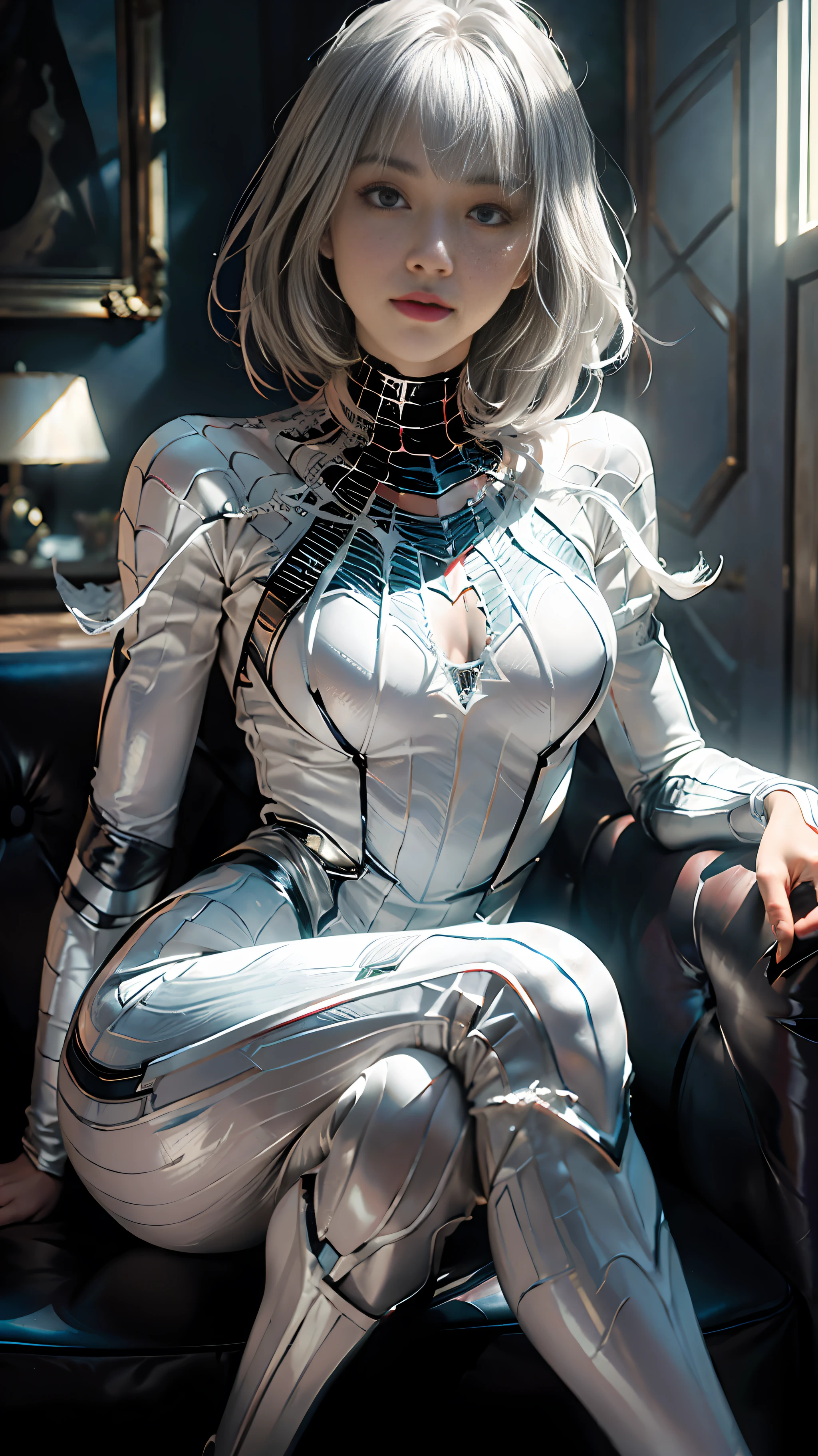 (Extreme Detail CG Unity 8K wallpaper, masterpiece, highest quality), (Exquisite lighting and shadow, highly dramatic picture, Cinematic lens effect), a girl in a white Spider-Man costume, silver gray hair color, from the Spider-Man parallel universe, Wenger, Marvel, Spider-Man, sitting on the couch, dynamic pose), (excellent detail, excellent lighting, wide angle), (excellent rendering, enough to stand out in its class), focus on white Spider-Man costumes, complex spider textures