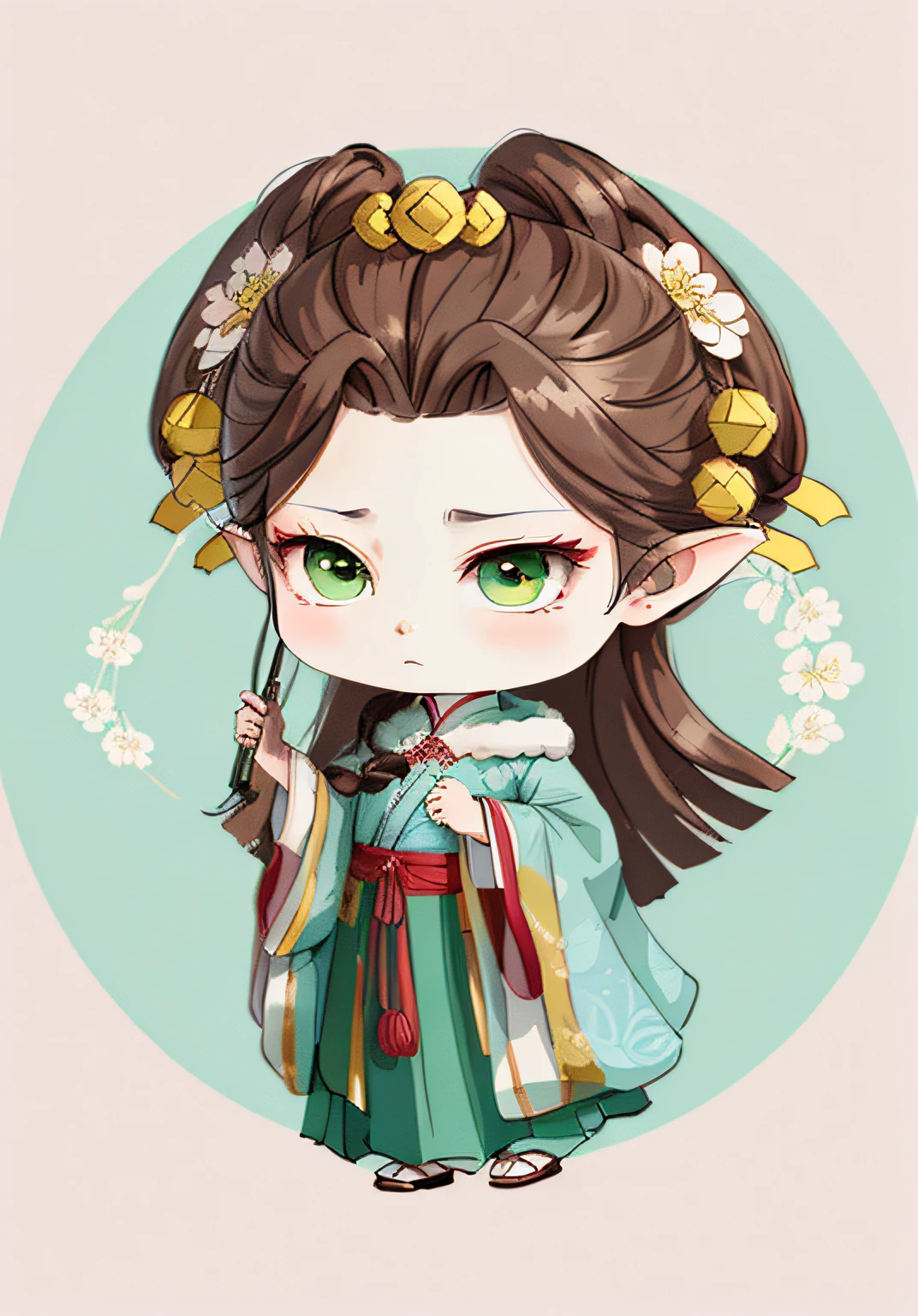 A Chinese girl in Hanfu, winter, brown hair, ancient Chinese hair bun, pattern, blue-green color scheme, hair balls on both sides, some plum blossom hair ornaments, line art, infinite details, fine painting, beautifully depicted, blank background 8k,
