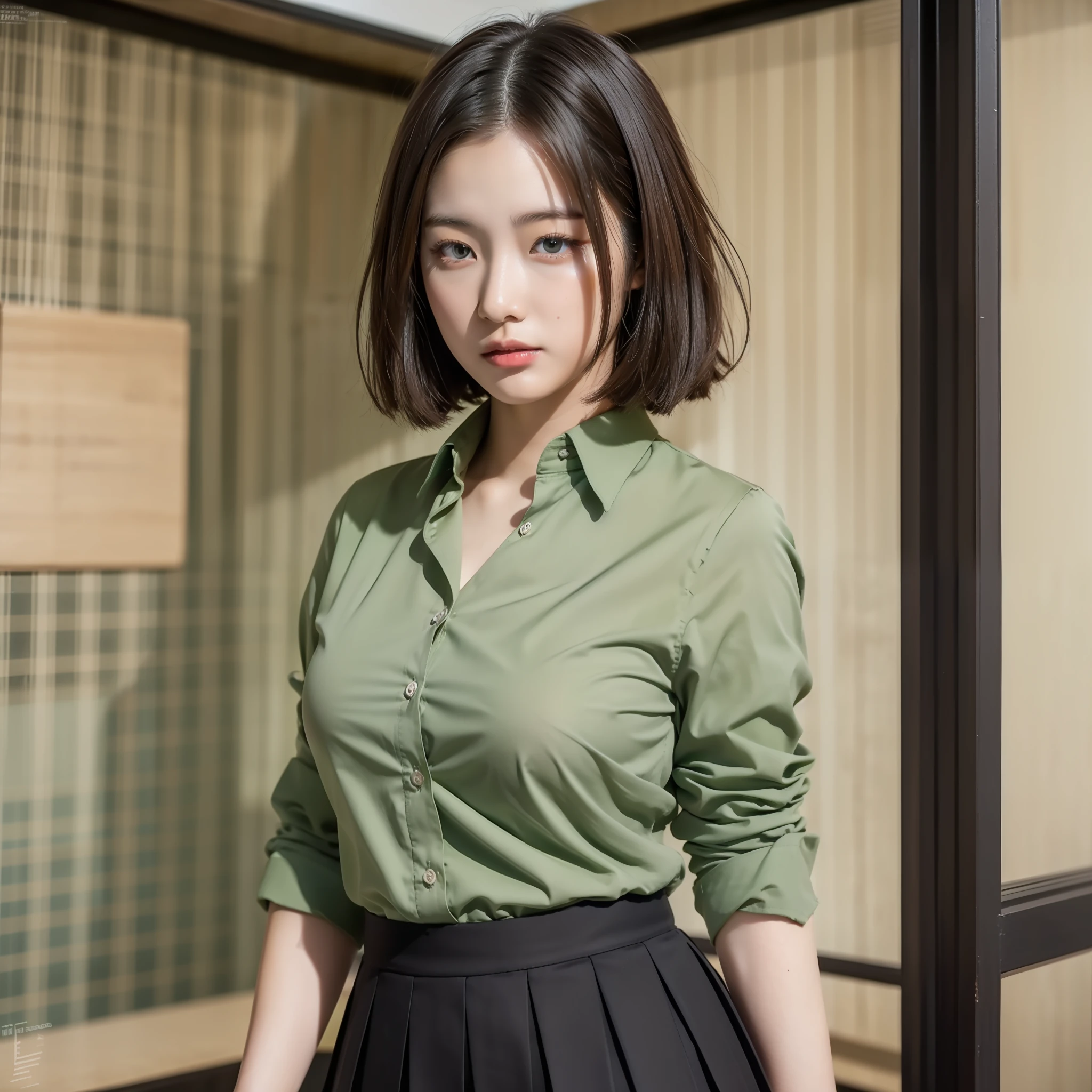perfect face, asian woman, 18 years old, brunette hair, short hair, (small breasts), curvy body, classroom, dark green button shirt, black pleated skirt, high school girl, full body, vibrant, (realistic), (masterpiece), (8K)