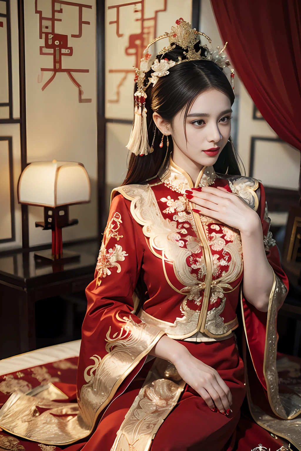 (ultra realistic 8k CG:1.2),perfect artwork,delicate pattern,intricate detail, (unparalleled masterpiece,best quality:1.2),(extremely intricate:1.2),a woman in a red and gold dress, Phoenix crown,hair stick,(sitting on red bed),Cosmetic,blush,shy,black_hair, looking down, Cosmetic,(forehead dot),(2 red candles), chinese_clothes, curtains, earrings, hair_ornament, hanfu, indoors, jewelry, red nails, long_sleeves, red dress, red lips, tassel, (Red quilt),(red palace:1.2),(ancient Chinese architecture),(red:1.8),night
