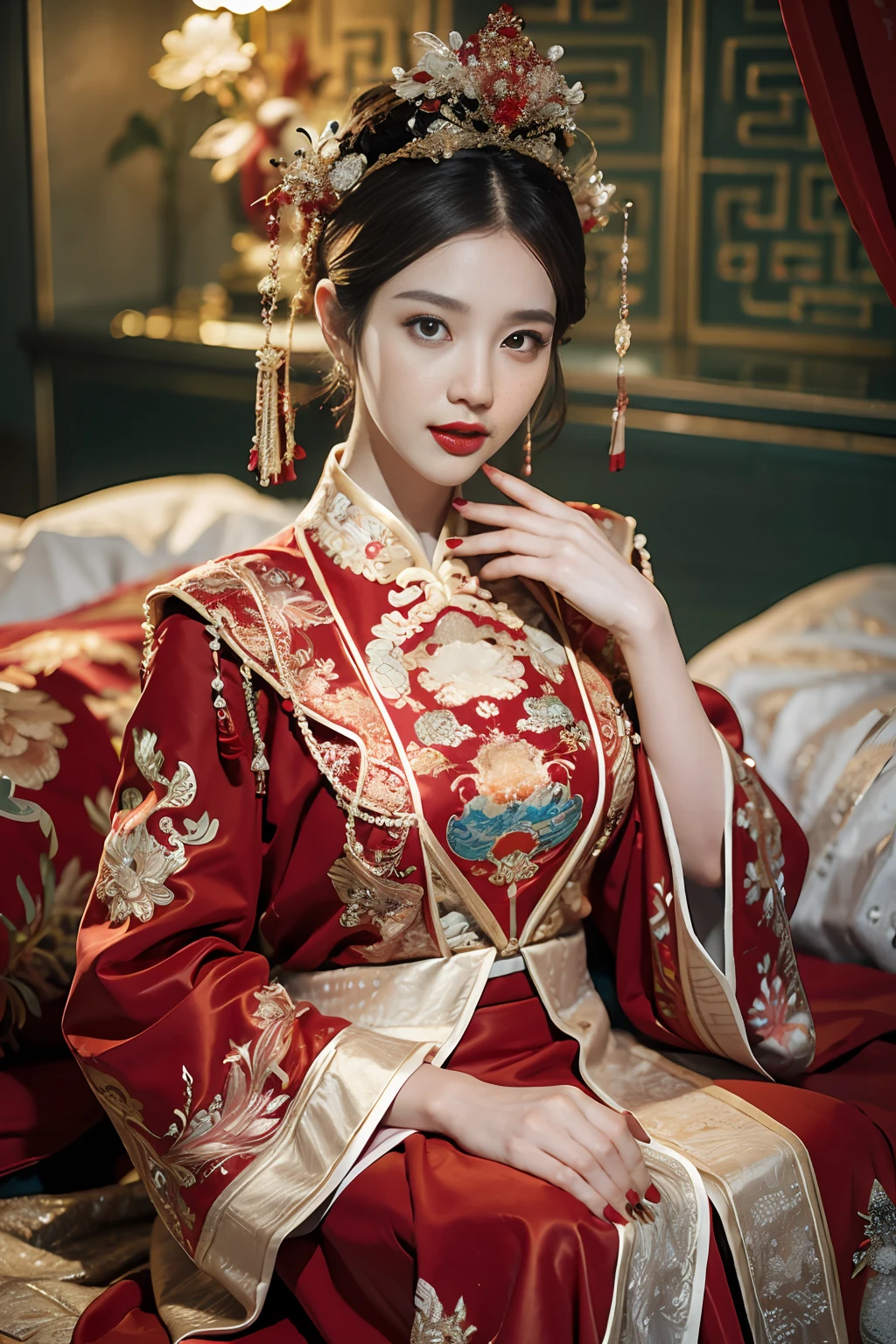 (ultra realistic 8k CG:1.2),perfect artwork,delicate pattern,intricate detail, (unparalleled masterpiece,best quality:1.2),(extremely intricate:1.2),a woman in a red and gold dress, Phoenix crown,hair stick,(sitting on red bed),Cosmetic,blush,shy,black_hair, looking down, Cosmetic,(forehead dot),(2 red candles), chinese_clothes, curtains, earrings, hair_ornament, hanfu, indoors, jewelry, red nails, long_sleeves, red dress, red lips, tassel, (Red quilt),(red palace:1.2),(ancient Chinese architecture),(red:1.8),night