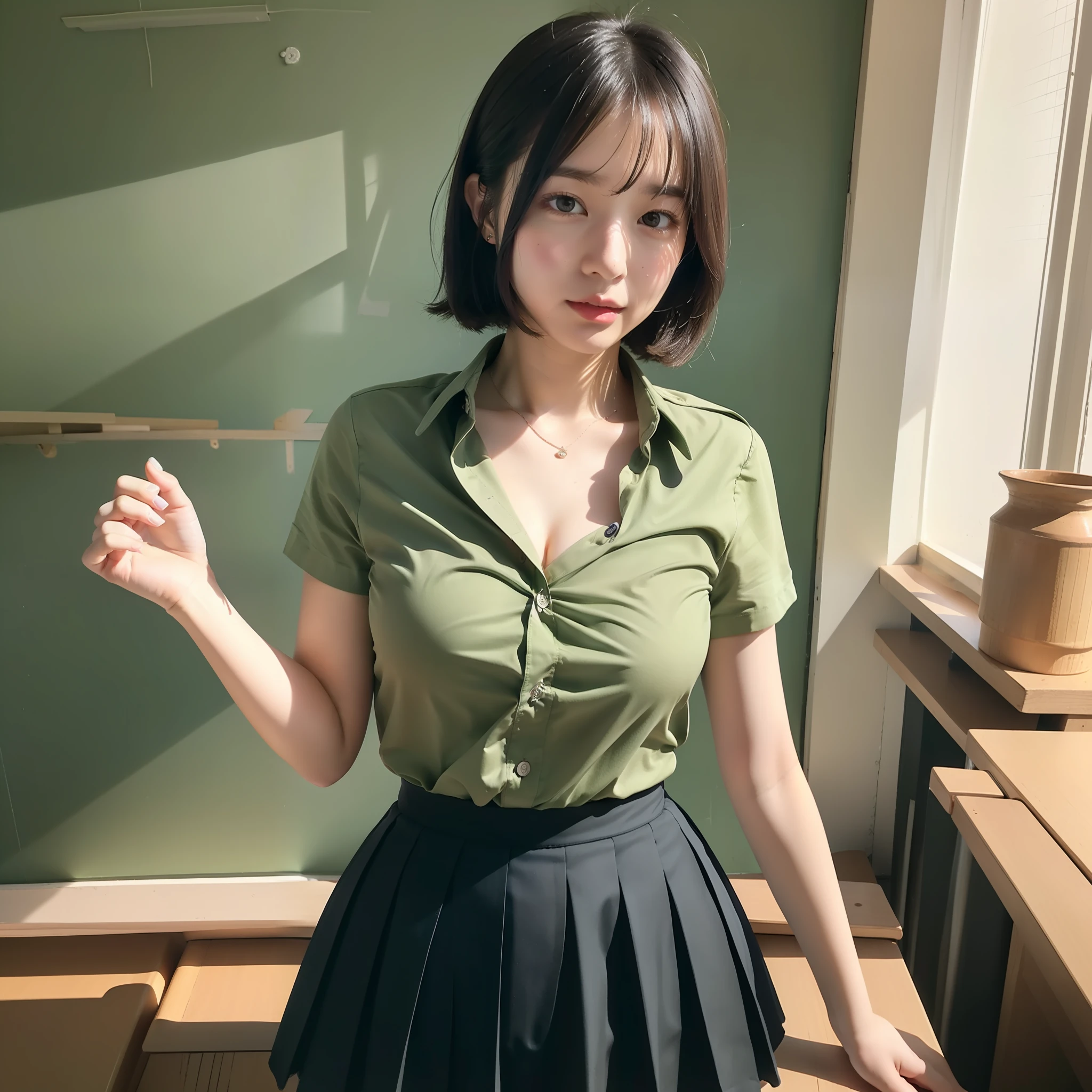 perfect face, asian woman, 18 years old, brunette hair, short hair, (small breasts), curvy body, classroom, dark green button shirt, black pleated skirt, high school girl, full body, vibrant, (realistic), (masterpiece), (8K)