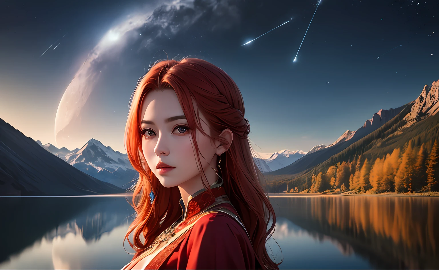 (extremely detailed, CG unit 8k wallpaper, masterpiece, best quality), (best lighting, best featured), beautiful moon woman, colorful shooting stars, mountains, lake, reflection,beautiful face, delicate facial features, young redhead with red silk dress, picturesque scenery, masterpiece.