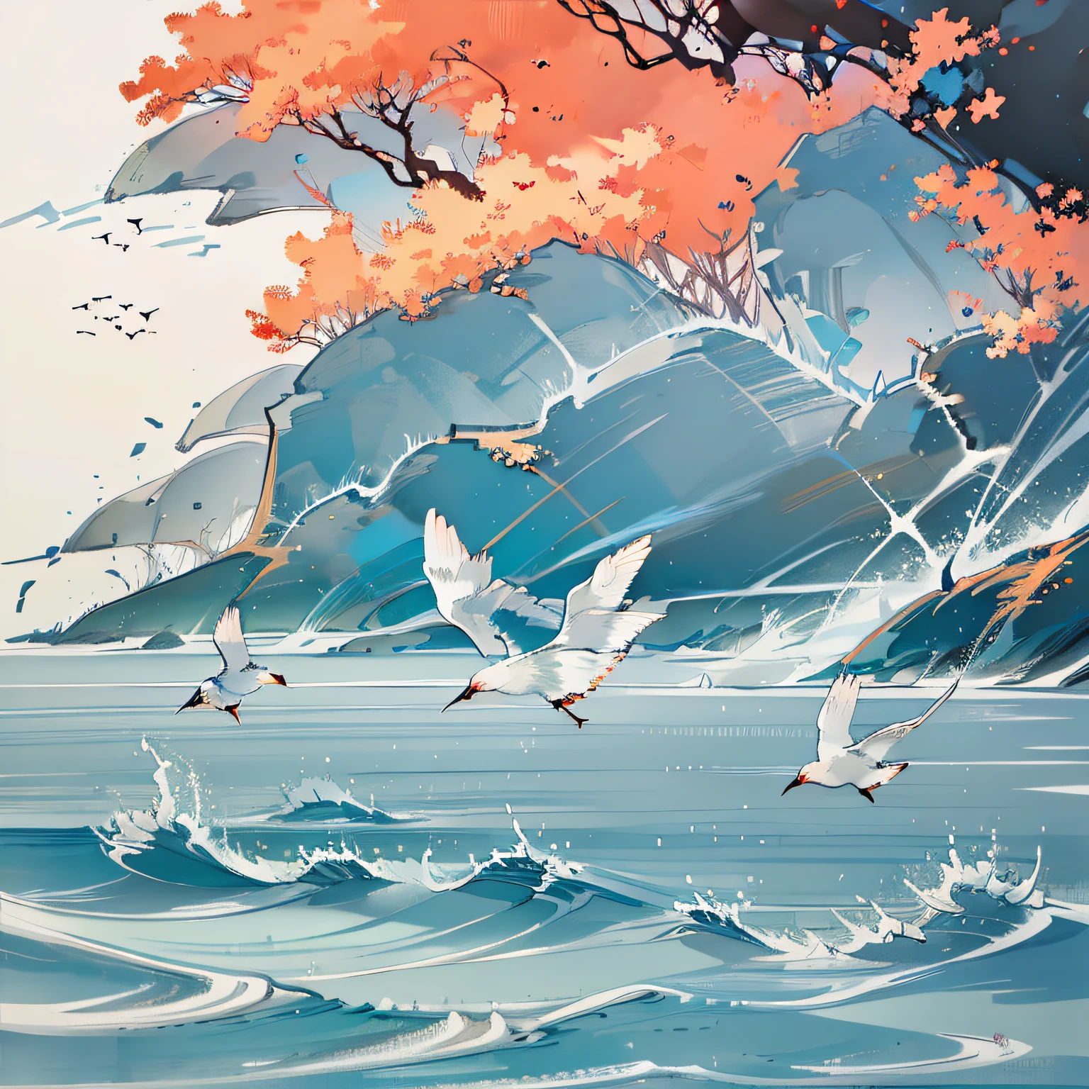 A landscape painting by the river, the water surface is clear, the beach is white, and several white birds circling and flying back in the wind, forming a dynamic curve.