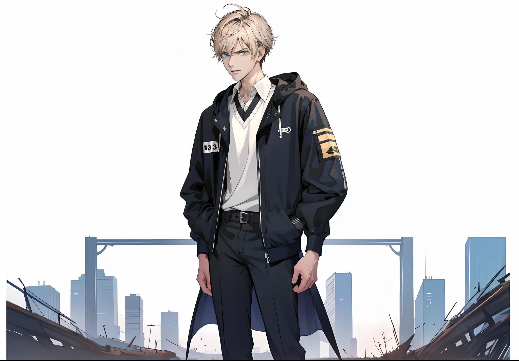 a close up of a person wearing a jacket and pants, tall anime guy with blue eyes, jk uniform, male anime character, single character full body, handsome guy in demon slayer art, from girls frontline, official character art, nagito komaeda, high quality portrait, full body single character, inspired by Bian Shoumin, trigger anime artstyle, young anime man