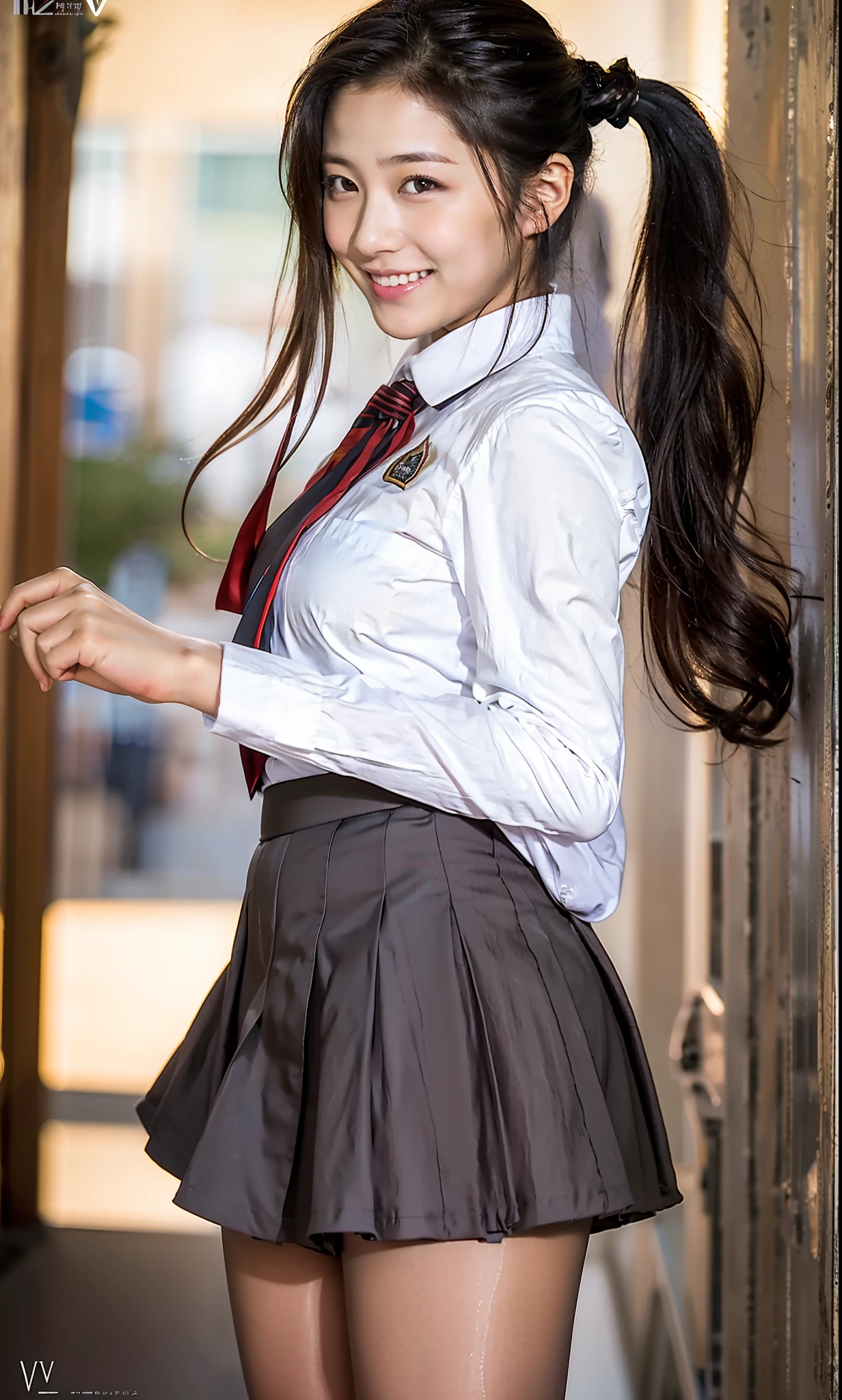 ulzzang-6500-v1.1, (Raw photo:1.2), (Photorealistic:1.4), Beautiful detailed girl, Very detailed eyes and face, Beautiful detailed eyes, Ridiculous, Incredibly ridiculous, Huge file size, Ultra detailed, High Definition, Very detailed, Best quality, Masterpiece, Kemomimi, ((Japan Girls' High School Uniform)), Illustration, Very detailed, CG, Unification, 8k wallpaper, fantastic, fine details, masterpiece, best quality, highly detailed cg uniform 8k wallpaper, light on face, movie lighting, 16 year old girl, ((smile)), ((dynamic pose))), (camel toe), (), (pantyhose), (model body type)), back view