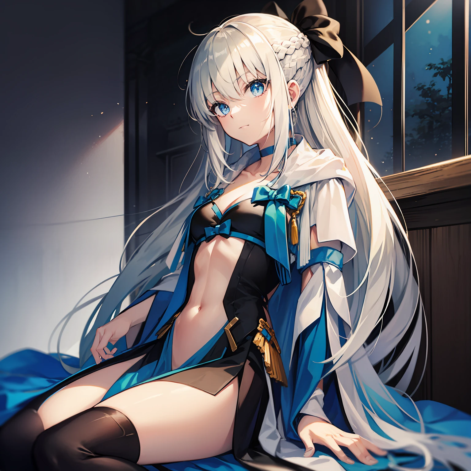 On the bed, white hair, long hair, blue eyes, sitting position, seen from the side, black bow, floating hair
