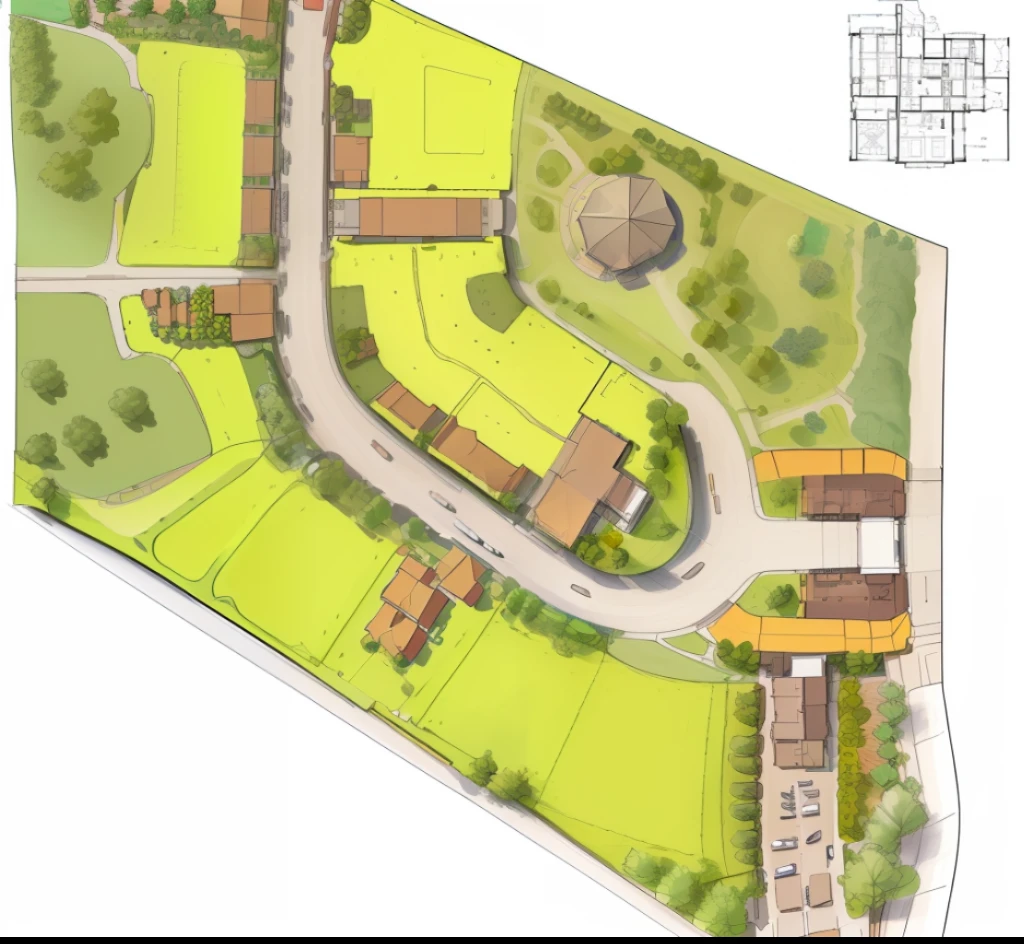 a drawing of a plan of a park with a lot of trees, accurately drawn details, barycentric subdivision, aerial illustration, residential, 2 d overhead view, plan drawing, a digital rendering, complex and detailed, warm shading, concept drawing, well - drawn, detailed rendering, residential design, intense shading, random detail, colorful architectural drawing --auto