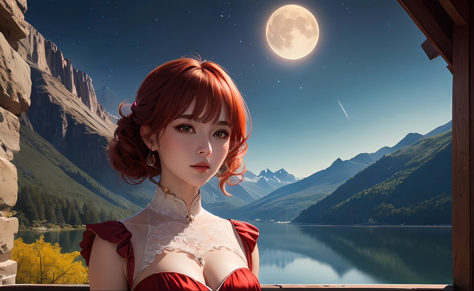 (extremely detailed, CG unit 8k wallpaper, masterpiece, best quality), (best lighting, best featured), beautiful moon woman, colorful shooting stars, mountains, lake, reflection,beautiful face, delicate facial features, young redhead with red silk dress, picturesque scenery, masterpiece.
