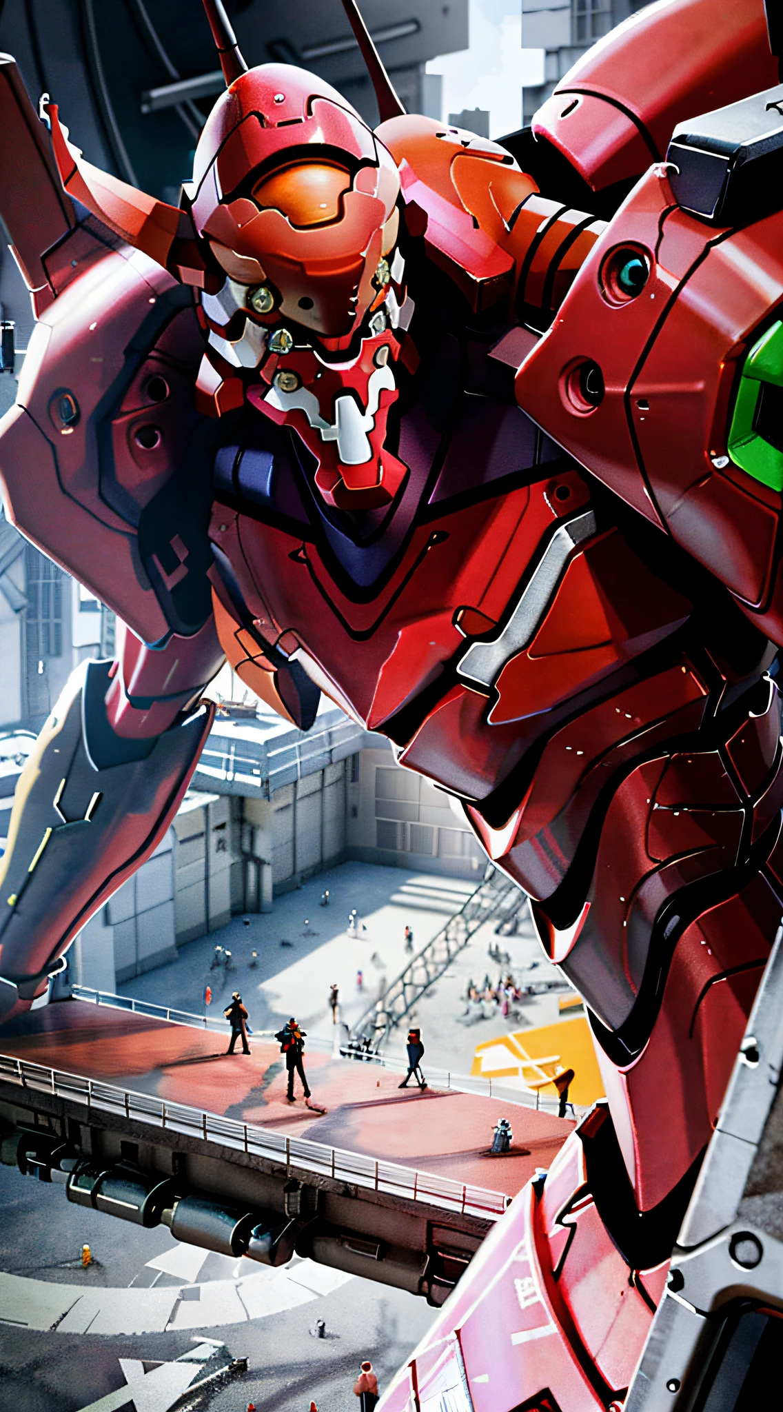 (Eva 02), God Eva, Evangelion Mecha, Science Fiction, Looking at the Audience, 3d Rendering, (Official Art, Best Quality, Masterpiece: 1.2), Illustration, High Resolution, Beautiful Abstract Background, Futurism, Cyberpunk, Intense Angle,