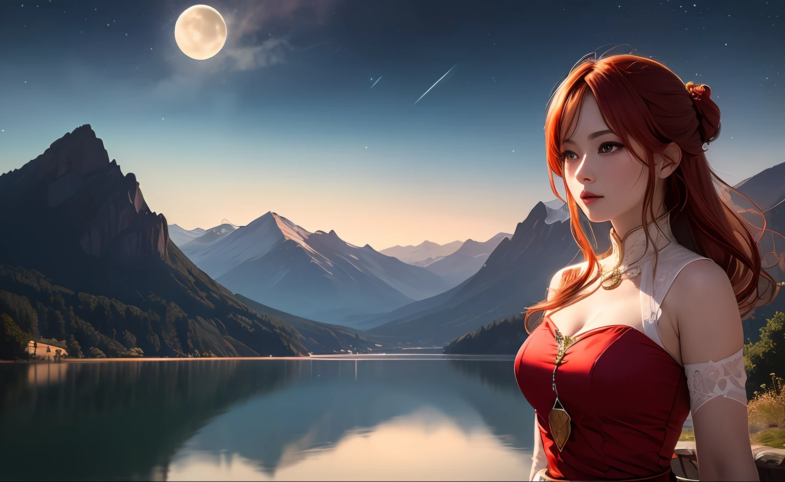 (extremely detailed, CG unit 8k wallpaper, masterpiece, best quality), (best lighting, best featured), beautiful moon woman, colorful shooting stars, mountains, lake, reflection,beautiful face, delicate facial features, young redhead with red silk dress, picturesque scenery, masterpiece.