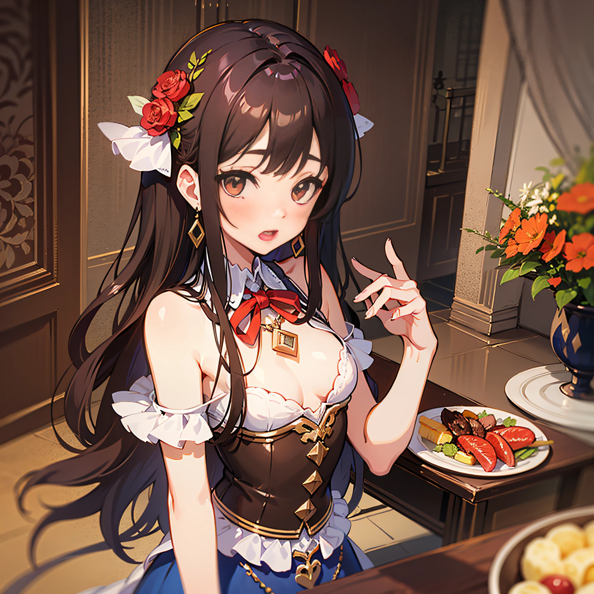 Masterpiece, Top Quality, Cute, Beautiful, Elegant, Brown-haired, Short, Ribbon on Chest, Small , Jewelry, Hair Ornaments, Long Hair, Bangs, Skirt, One Piece, Heart, Blush, Very Long Hair, Upper Body, One Girl, Open Your Mouth Slightly, Toothless, Look Viewer, Harem Costume,Leaning Eyes, Brown Eyes, Lent-a-Girlfriend,