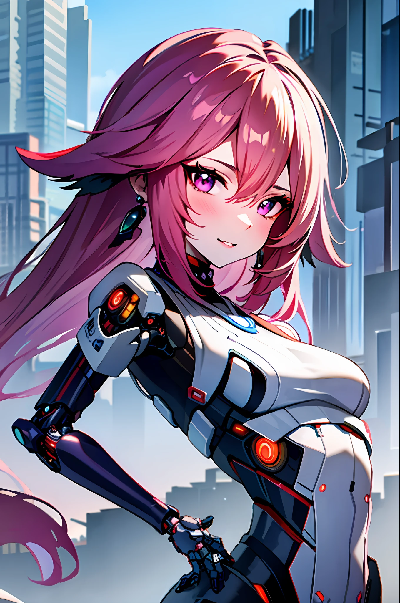 (best quality:1.2, masterpiece:1.2), ultra high res, intricate detail, Exquisite details and textures, (1girl, solo), atmospheric perspective, upper body, detailed face, make up, shiny skin, (lilac hair), very long hair, looking at viewer, red eyes, earrings, small breasts, slim body, (white cyborg:1.4), (((futuristic city:1.6, on riverside, beautiful background))), perfect lighting, (((front lighting)), physically-based rendering,