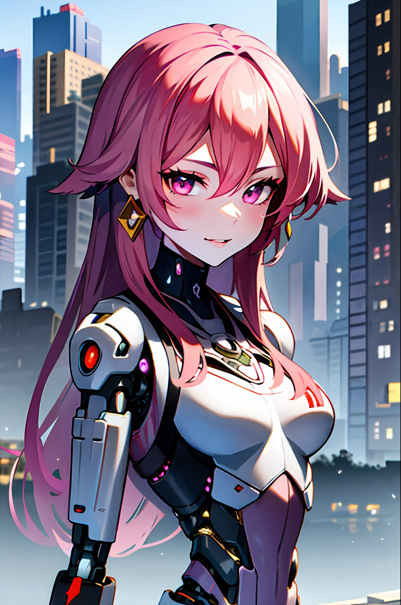(best quality:1.2, masterpiece:1.2), ultra high res, intricate detail, Exquisite details and textures, (1girl, solo), atmospheric perspective, upper body, detailed face, make up, shiny skin, (lilac hair), very long hair, looking at viewer, red eyes, earrings, small breasts, slim body, (white cyborg:1.4), (((futuristic city:1.6, on riverside, beautiful background))), perfect lighting, (((front lighting)), physically-based rendering,