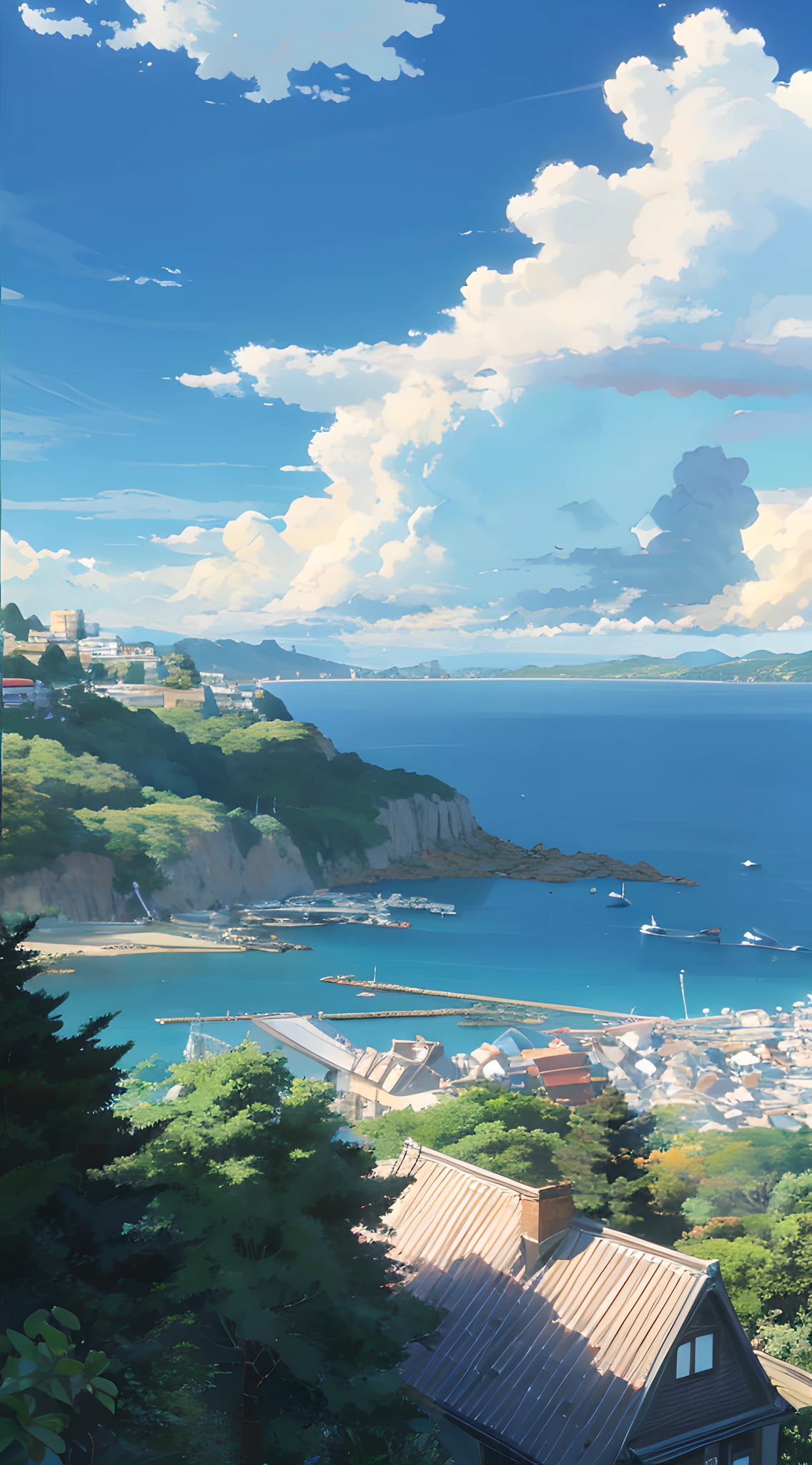 8K HD,View of the bay from the hillside,studio ghibli sky, Ghibli Studio Landscape, ghibli studio environment, studio ghibli sunlight, detailed scenery —width 672, Miyazaki hayao style, Author:miyazaki, beautifull puffy clouds,animemasume, Author:miyazaki, studio ghibli composition