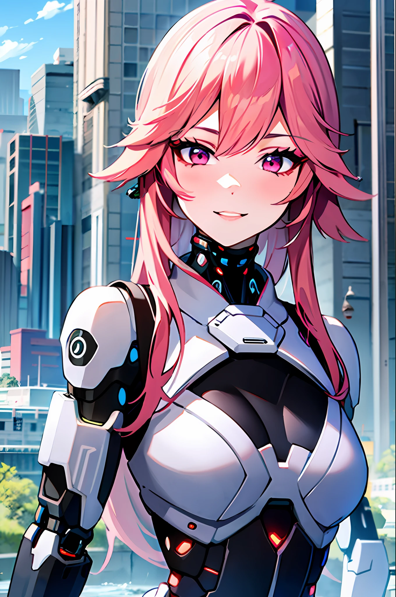 (best quality:1.2, masterpiece:1.2), ultra high res, intricate detail, Exquisite details and textures, (1girl, solo), atmospheric perspective, upper body, detailed face, make up, shiny skin, (lilac hair), very long hair, looking at viewer, red eyes, earrings, small breasts, slim body, (white cyborg:1.4), (((futuristic city:1.6, on riverside, beautiful background))), perfect lighting, (((front lighting)), physically-based rendering,