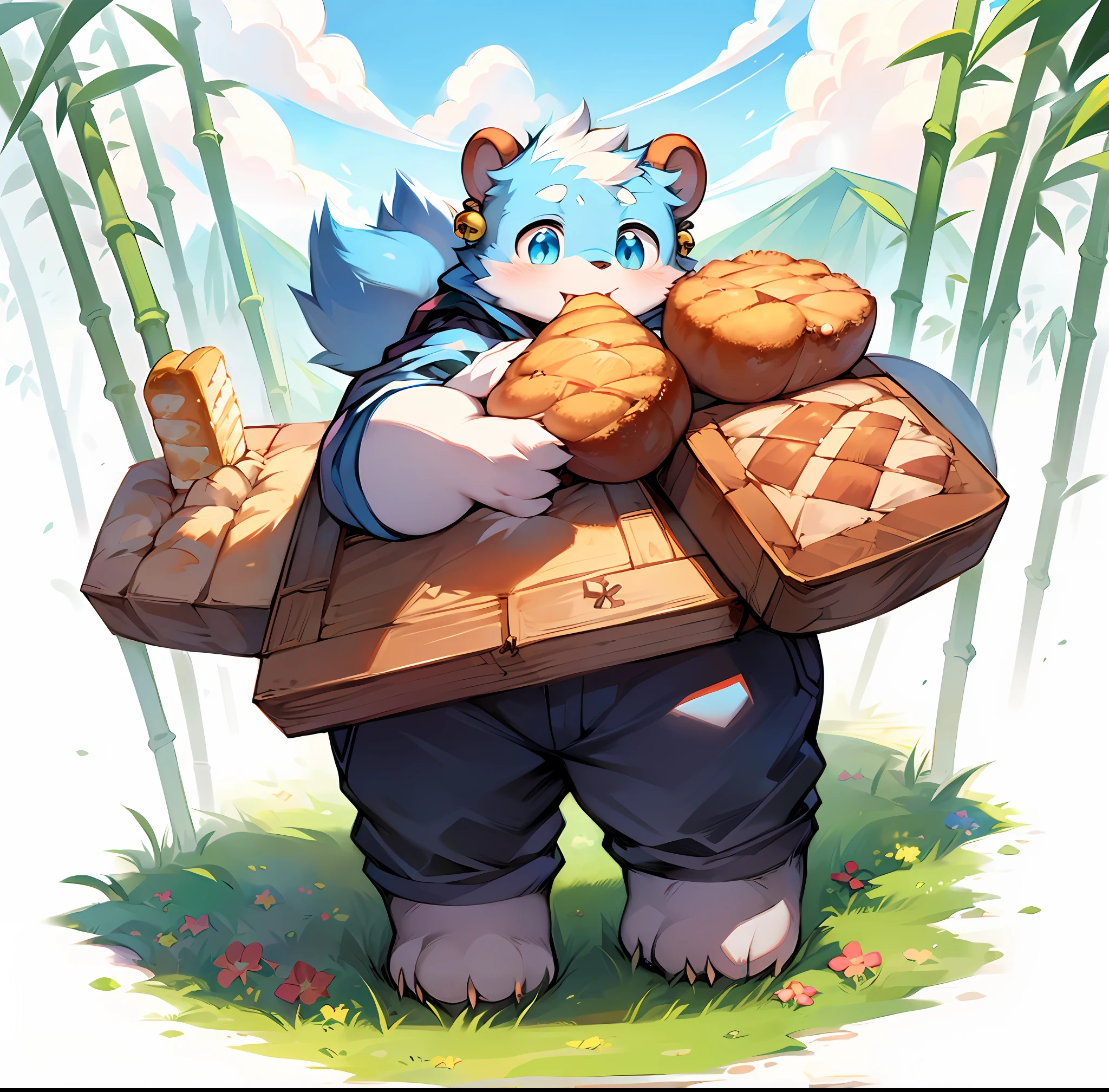 Masterpiece, high quality, absurd resolution, digital painting \ (artwork), dagassi, yupa, clear mountain, (fluffy fur, blue and white fur, full body fur, bamboo pattern: 1.2), doll, bear, boy, blue eyes, bright eyes, panorama, character focus. Detailed background, eating bread, (bells, loose clothes: 1.2), (bears, bread, meadows: 1.3)