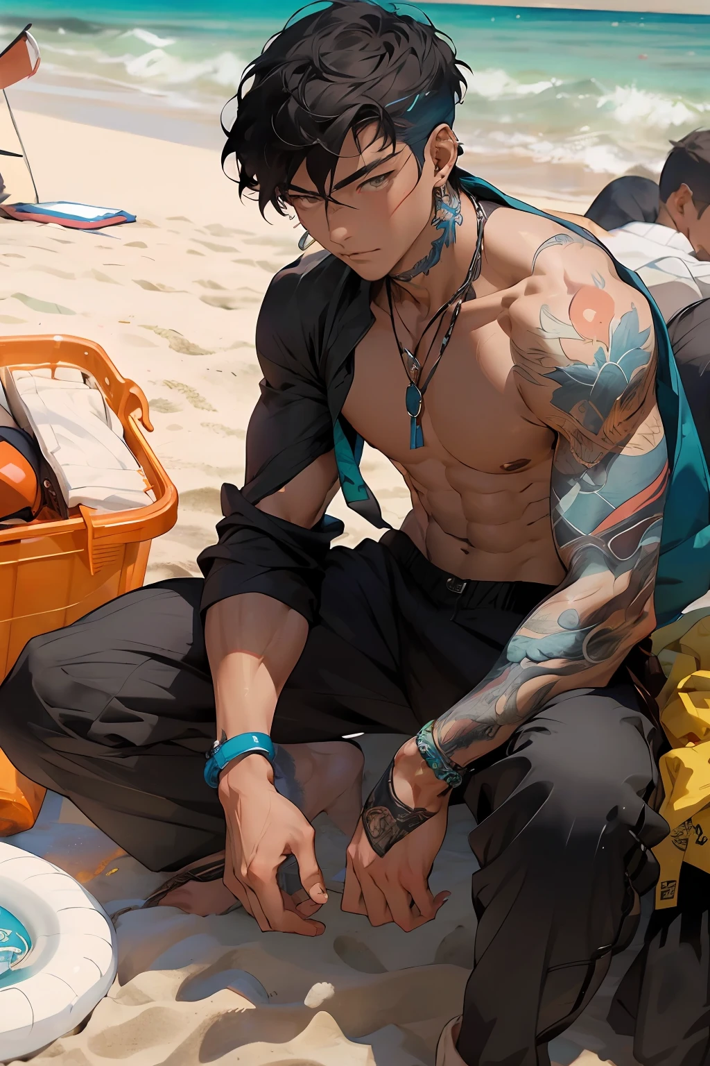 Realistic, (masterpiece, top quality, best quality, official art), very detailed, colorful, most detailed, god, short hair, black hair, dark skin, handsome man, sea, necklace, beach, pectals, abs, beach pants
