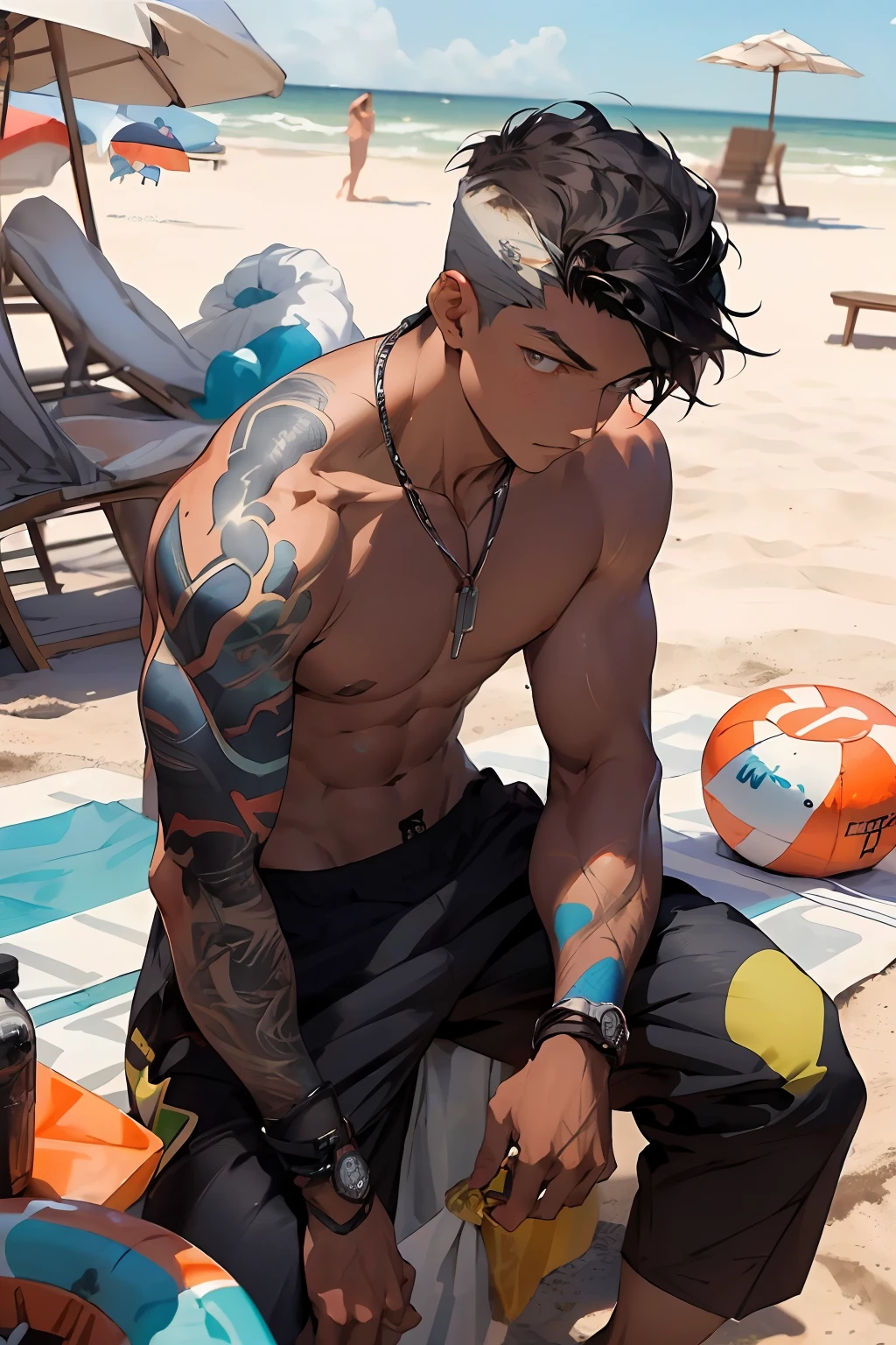 Realistic, (masterpiece, top quality, best quality, official art), very detailed, colorful, most detailed, god, short hair, black hair, dark skin, handsome man, sea, necklace, beach, pectals, abs, beach pants