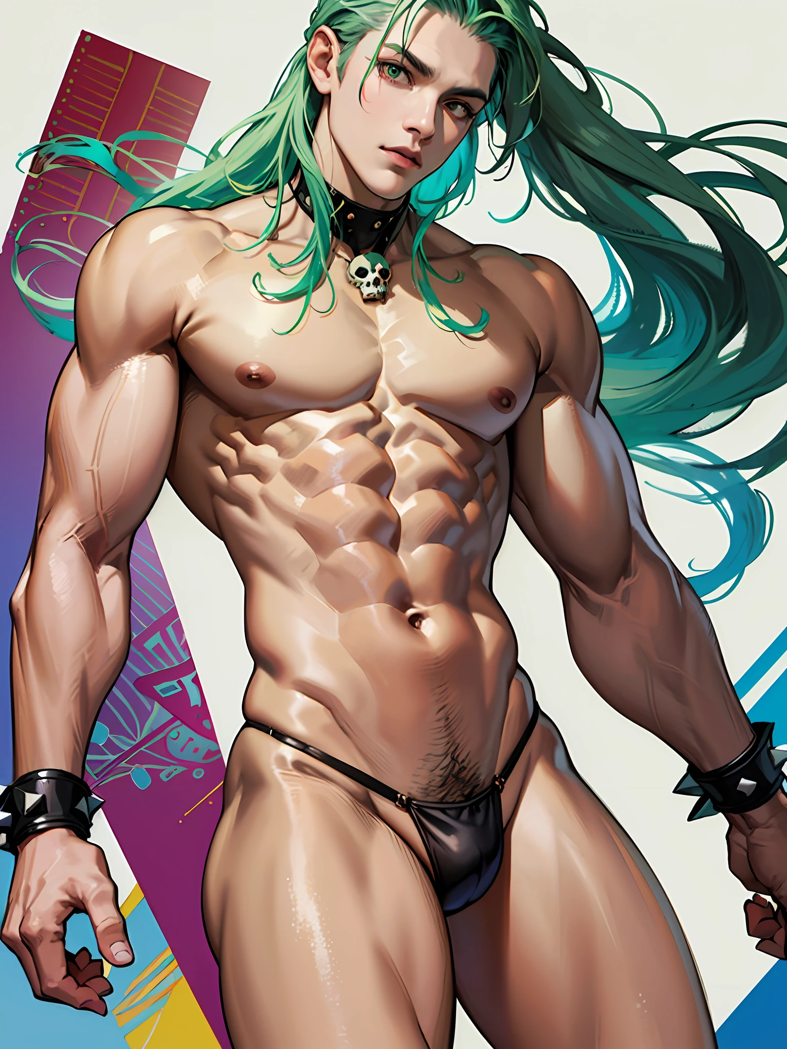 (masterpiece, best quality), man, wearing micro thong ((black micro-thong:skull_pattern_design_thong)) , bio-luminescent_water_world, wide angle, athletic body, male, shinny_skin, flat chest, silver eyes, green hair styled in spikes, determined expression, small waist, broad chest, big mane, muscular , illustration, watercolor ink sketch, ((extremely detailed, extremely detailed legs, extremely detailed arms, extremely detailed face, perfectly detailed eyes, perfectly detailed anatomy))
