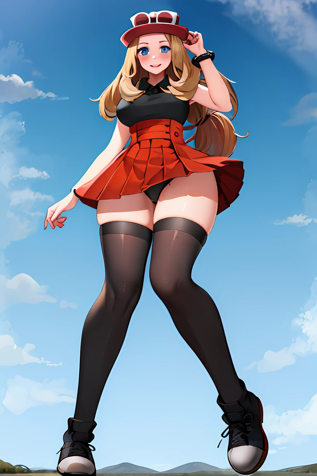 masterpiece, best quality, highres, blue eyes, serena \(pokemon\), 1girl, solo, thighhighs, long hair, hat, jewelry, bracelet, black thighhighs, collared shirt, pleated skirt, red skirt, sleeveless, high-waist skirt, sleeveless shirt, eyelashes, pink headwear, black shirt, eyewear on headwear, (full body:1.5), giantess, smile, (from below:1.5), (thick thighs:1.5), looking down at viewer, upskirt, character_pokemon_serena, gts, (large breasts:1.3), field, (looming:1.3), mature female, high quality, hd quality, masterpiece, photorealistic, stepping, under skirt, black panties, (shoe soles:1.5), standing on one leg, close-up foot, intense angle, knee up, :), soles, (bottom of shoe:1.5), absolute territory, short skirt, soles of shoe, blush,