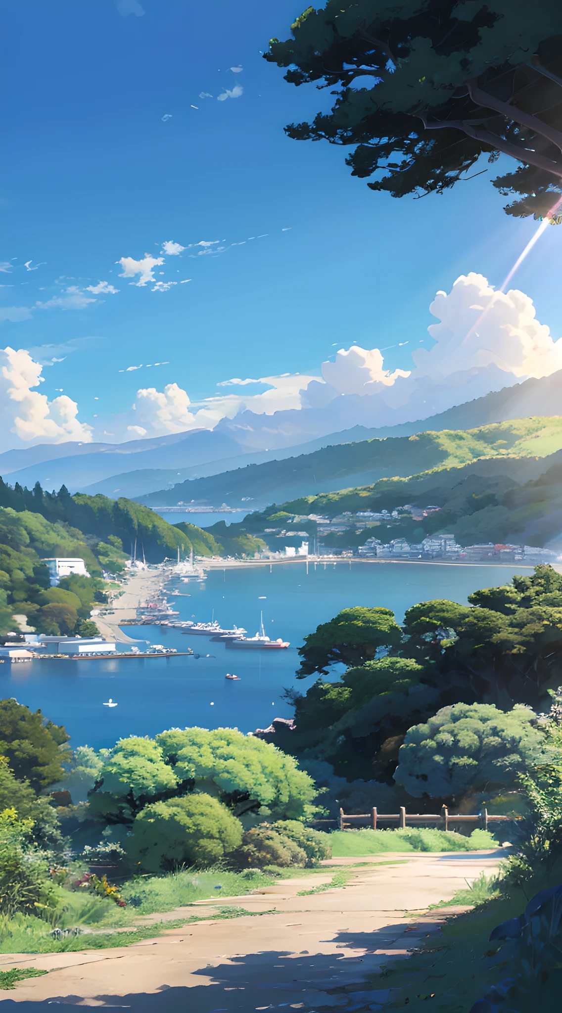 8K HD,View of the bay from the hillside,studio ghibli sky, Ghibli Studio Landscape, ghibli studio environment, studio ghibli sunlight, detailed scenery —width 672, Miyazaki hayao style, Author:miyazaki, beautifull puffy clouds,animemasume, Author:miyazaki, studio ghibli composition