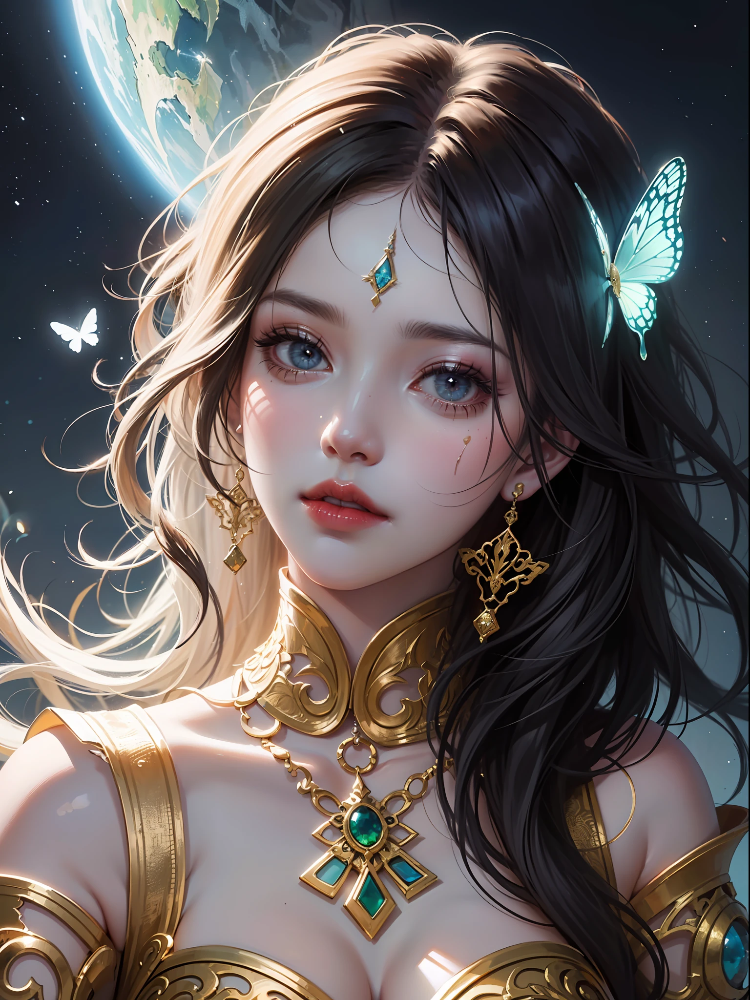 ((Best Quality, 8k, Masterpiece: 1.3)) Beautiful Woman: 1.3, Beautiful Face, Crawling Saturated Colors, Psychedelic Images, LSD, Mandala, Fractals, Clothing, Tattoos, Painted Body, Body Tilted Forward, Similar to Alex Gray's Art, Lots of Color Saturation, Swirls, Surreal, Planet Earth, Galaxies, Lots of Lighting, Shadows and Contrast, Role Play, Realistic Eyes, Green Iris, 3D Depth, Realistic Skin Texture, Detailed Sharp Scales, Colorful, fantasy art, artgerm ruan jia and greg rutkowski surrealist wet lacquer gold butterfly filigree art, broken glass