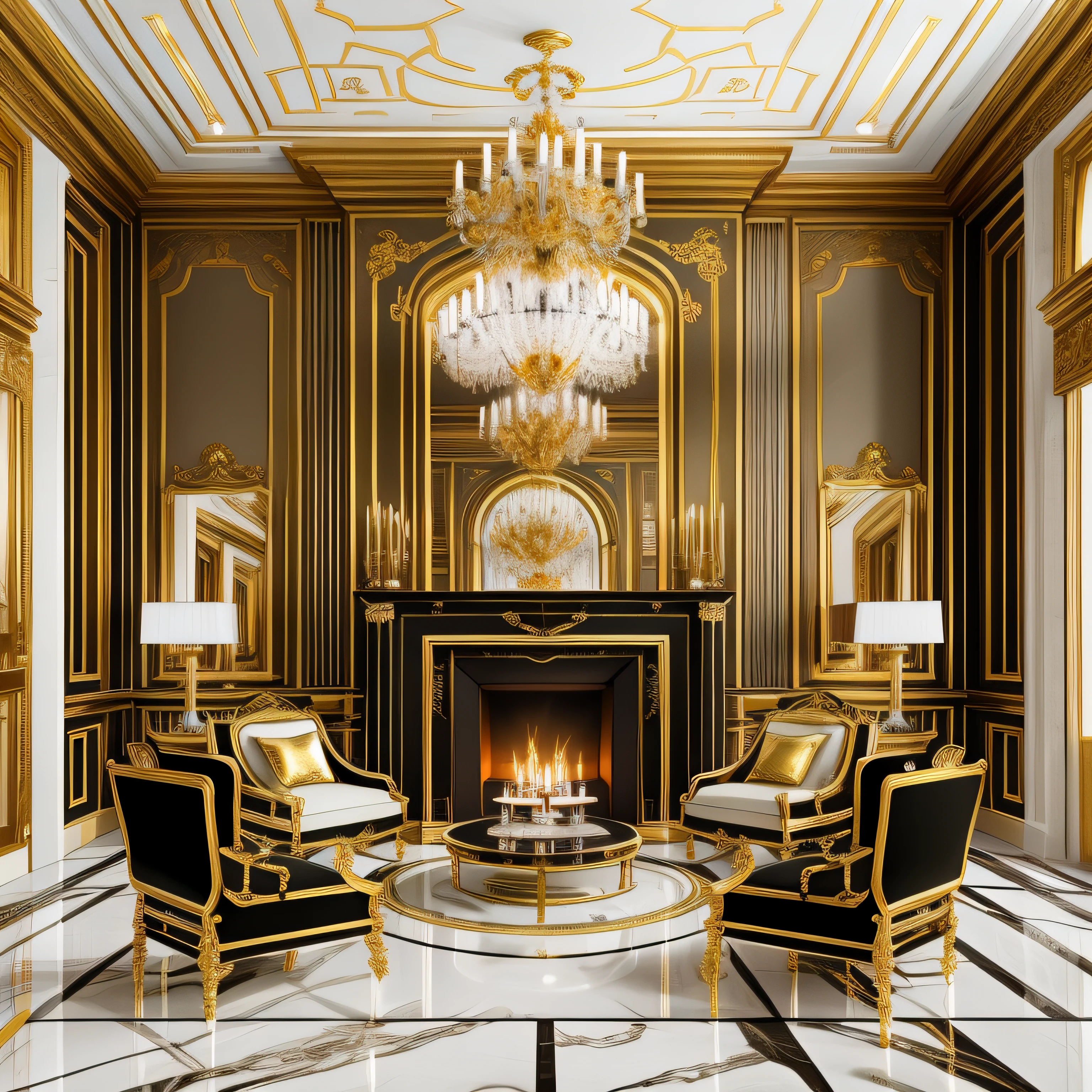 arafed room with a fireplace and chairs and a chandelier, gold and luxury materials, elegant and ornate, baroque marble and gold in space, neo - classical style, neoclassical style, luxury furniture, extremely opulent, ornate and elegant, luxurious environment, royal interior, opulence, elegant and refined, classical style, gold and black color scheme, ornate gold