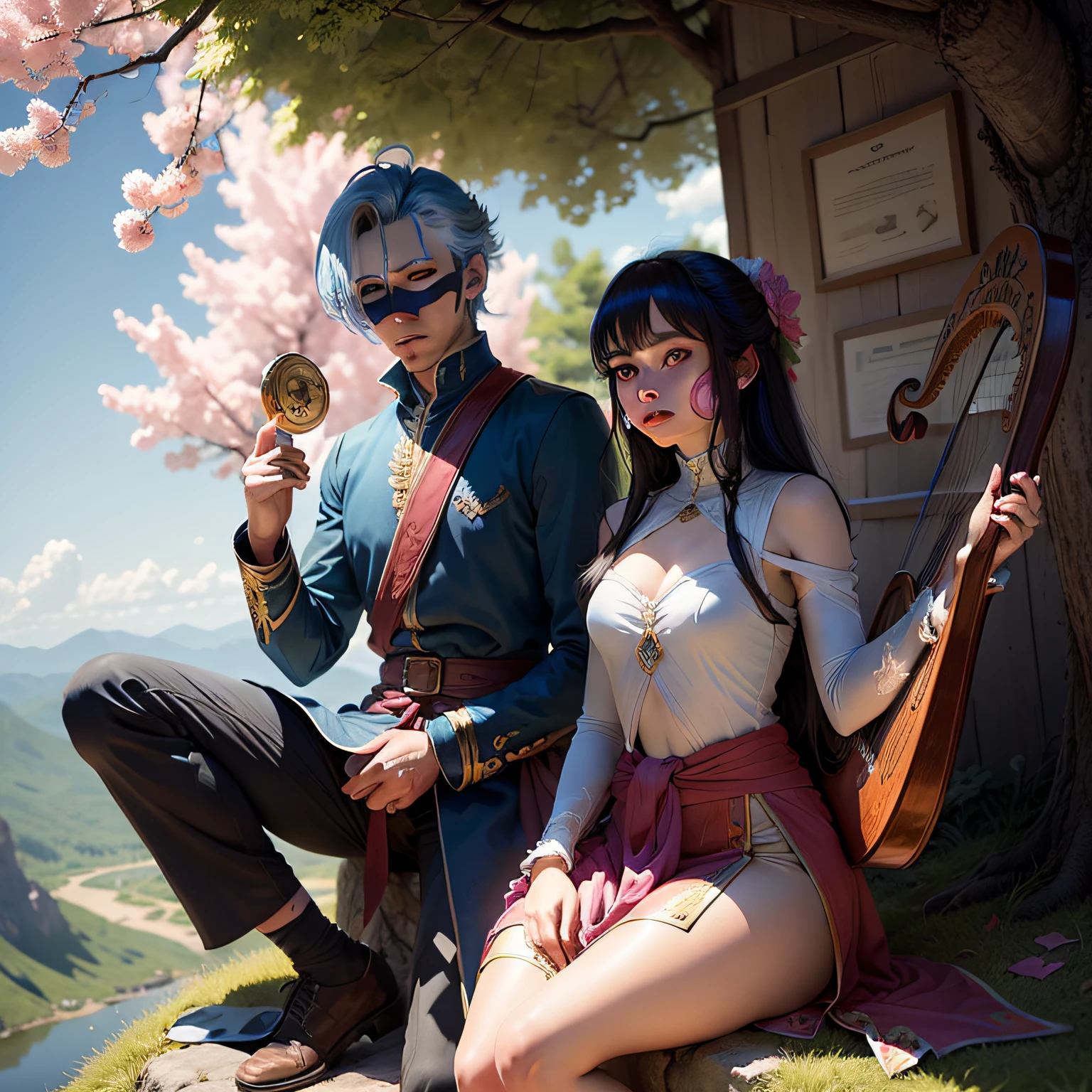 A bard, androgynous-looking, blue-skinned, half-genius, mystical-looking, with the masks of tragedy and comedy hanging from his waist, according to a Harp Lyre, sitting under the shade of a tree, with pink leaves, on top of a mountain., anime, high quality, award winning --auto