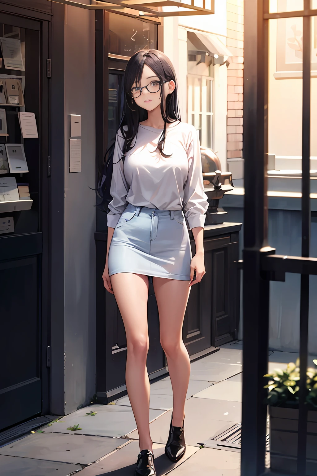 Casual, wearing glasses, tall, long black hair, 23-year-old female, posture, elegant, playful