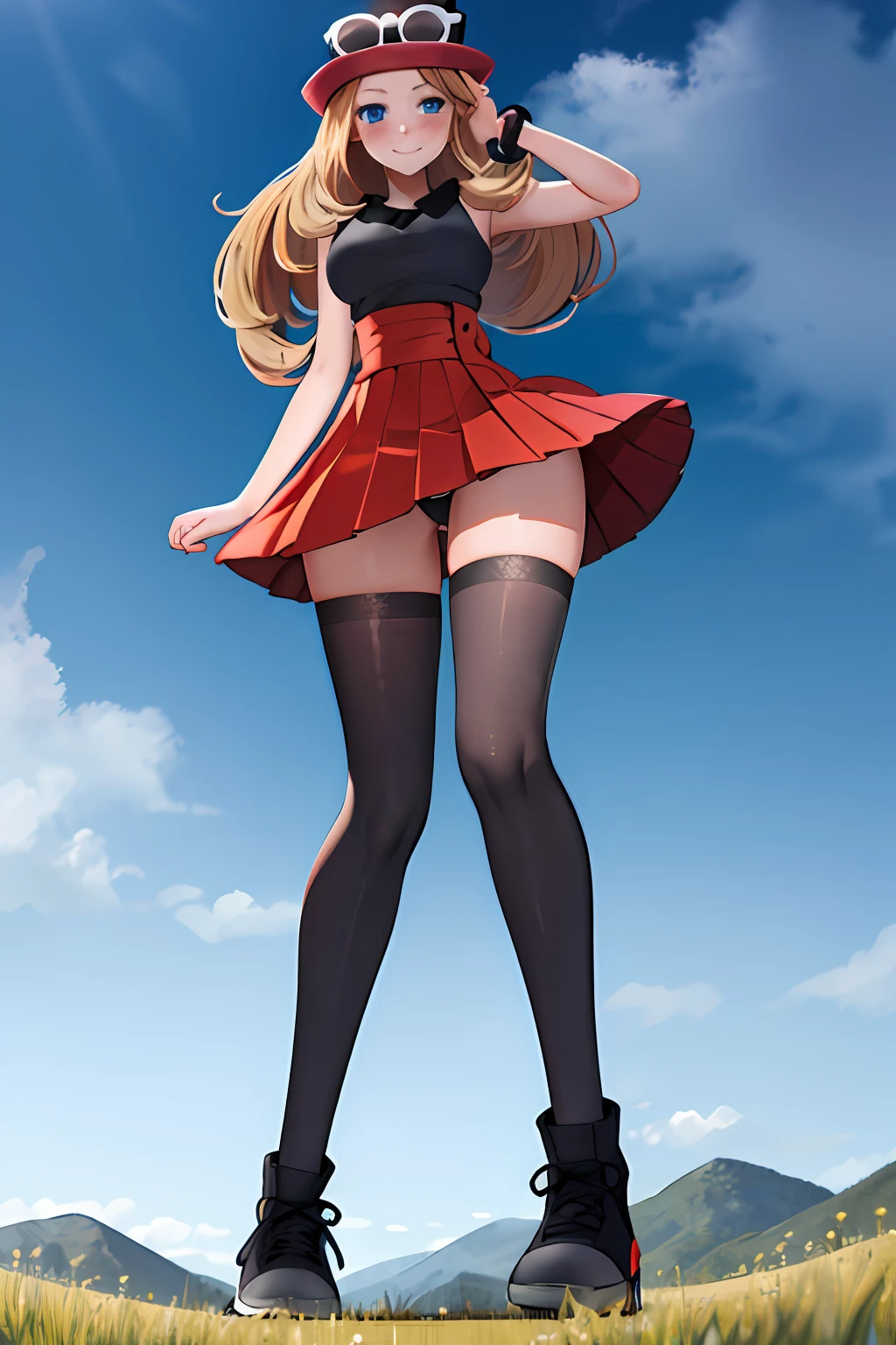 masterpiece, best quality, highres, blue eyes, serena \(pokemon\), 1girl, solo, thighhighs, long hair, hat, jewelry, bracelet, black thighhighs, collared shirt, pleated skirt, red skirt, sleeveless, high-waist skirt, sleeveless shirt, eyelashes, pink headwear, black shirt, eyewear on headwear, (full body:1.5), giantess, smile, (from below:1.5), (thick thighs:1.3), looking down at viewer, upskirt, character_pokemon_serena, gts, (large breasts:1.3), field, (looming:1.3), mature female, high quality, hd quality, masterpiece, photorealistic, stepping, under skirt, black panties, shoe soles, standing on one leg, close-up foot, intense angle, knee up, closed mouth, blush, smile