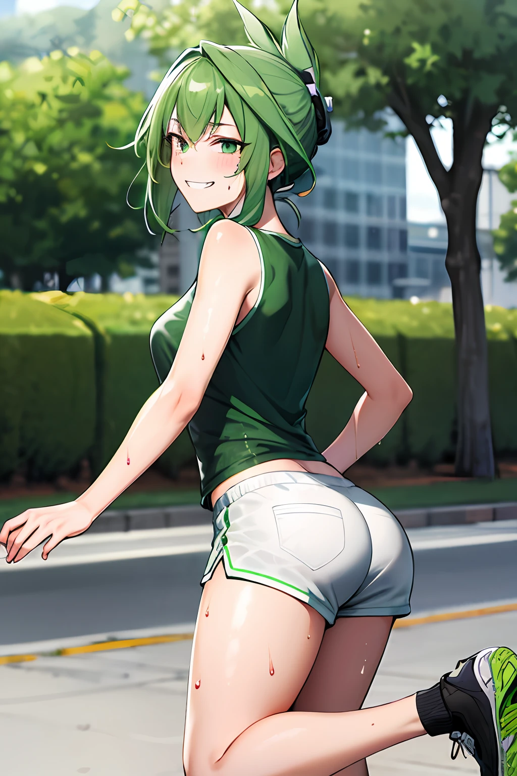 Green hair, folded ponytail, fine eyes, green eyes, masterpiece, sweat, soaked, best quality, hi-res, solo, wicked grin, ass facing you, running action and elegance, white sports short shorts, wet pants, white running shirt, wet shirt, sleeveless, braless, big, park, outdoor