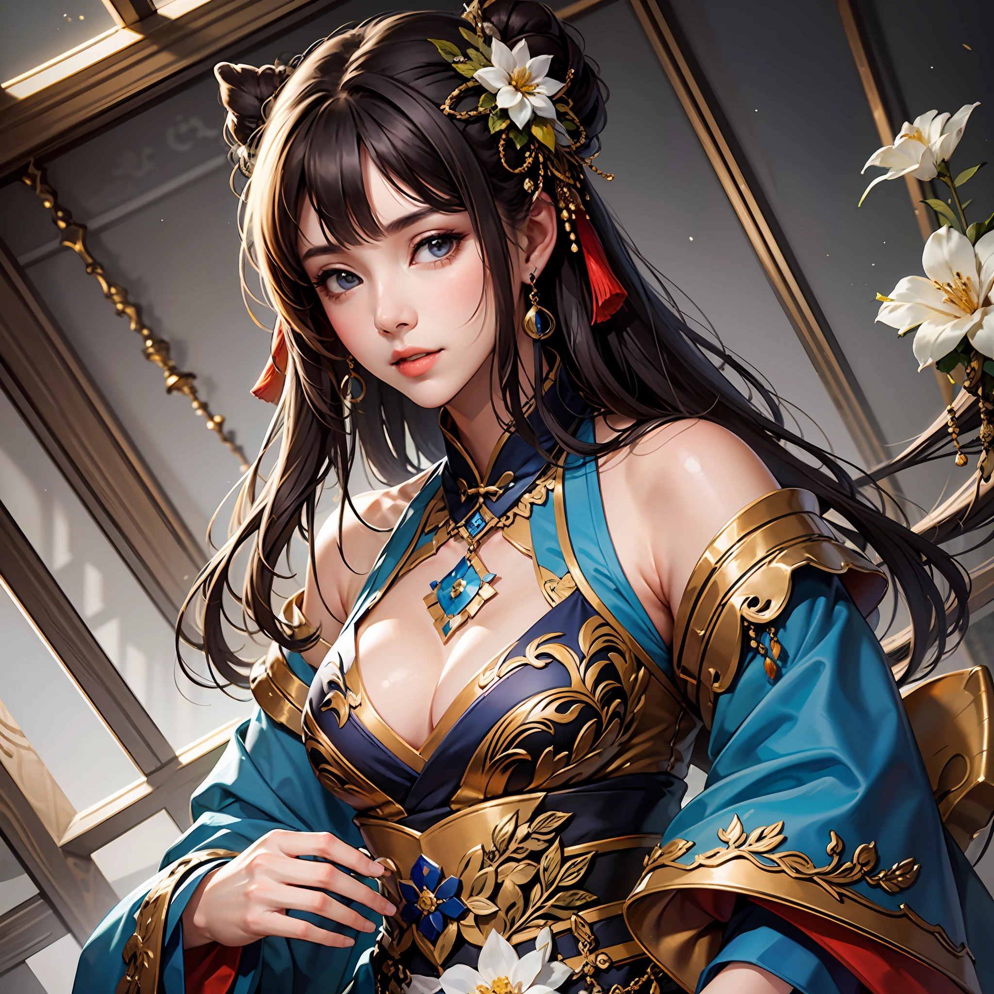 Warring States period, female general, very beautiful face, high dynamic angle, 8K, very delicate, very dense, vivid color, dynamic wallpaper Japan kimono and Chinese Hanfu MIX, beautiful black hair,