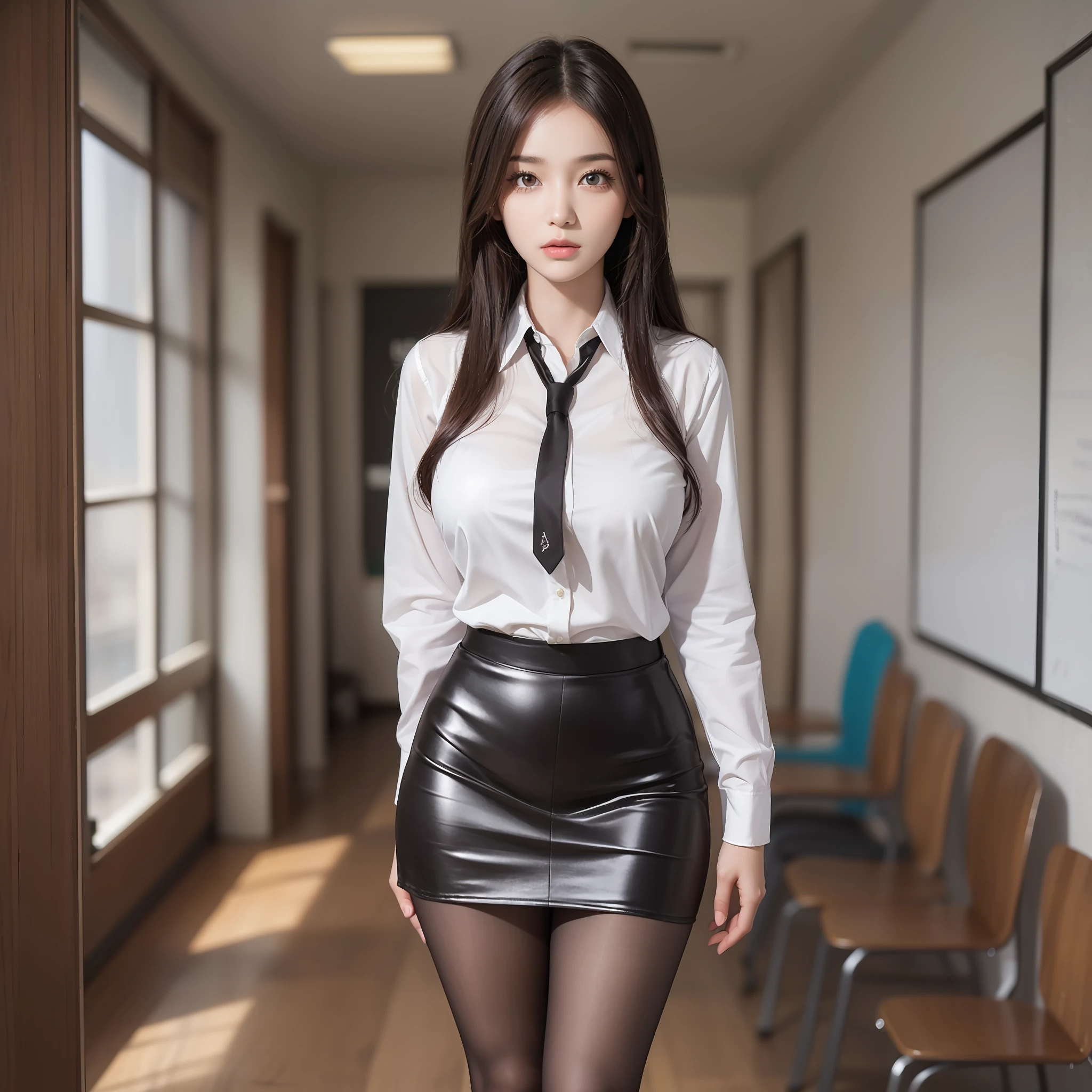 Pretty girl standing, thin legs, high heels on the ground, classroom, (masterpiece:1.3), (8k, photorealistic, RAW photo, best quality: 1.4), (1girl), beautiful face, (realistic face), black hair, long hair, beautiful hairstyle, realistic eyes, pretty detailed eyes, realistic skin, beautiful skin, super high resolution, super realistic, very detailed, golden ratio, cute, cute female teacher, high school girl in jk uniform, surreal high school girl, short skirt, tight skirt, pantyhose, black stockings, full body view, thin arms, big breasts