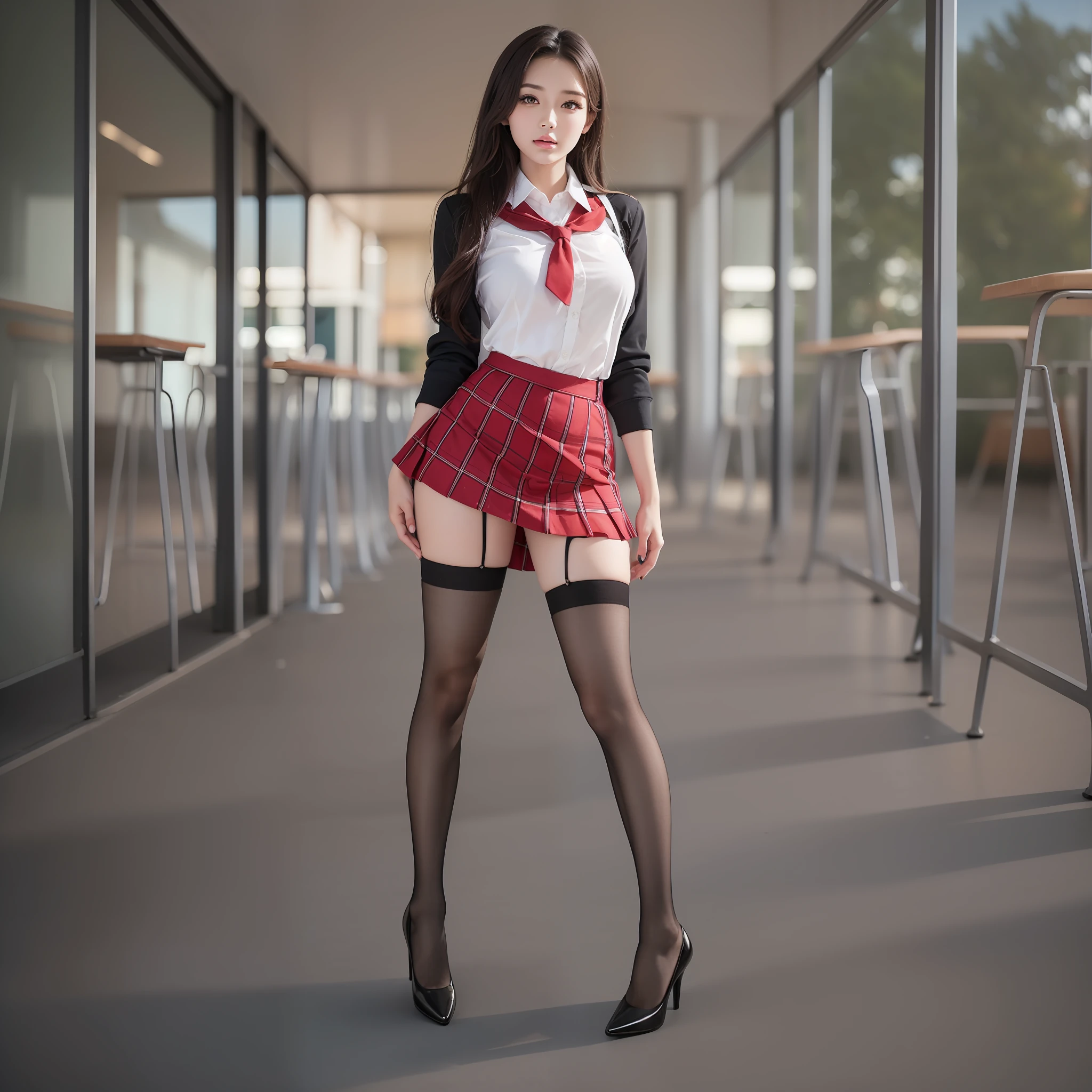 Pretty girl standing, thin legs, high heels on the ground, classroom, (masterpiece:1.3), (8k, photorealistic, RAW photo, best quality: 1.4), (1girl), beautiful face, (realistic face), black hair, long hair, beautiful hairstyle, realistic eyes, pretty detailed eyes, realistic skin, beautiful skin, super high resolution, super realistic, very detailed, golden ratio, cute, cute female teacher, high school girl in jk uniform, surreal high school girl, short skirt, tight skirt, pantyhose, black stockings, full body view, thin arms, big breasts